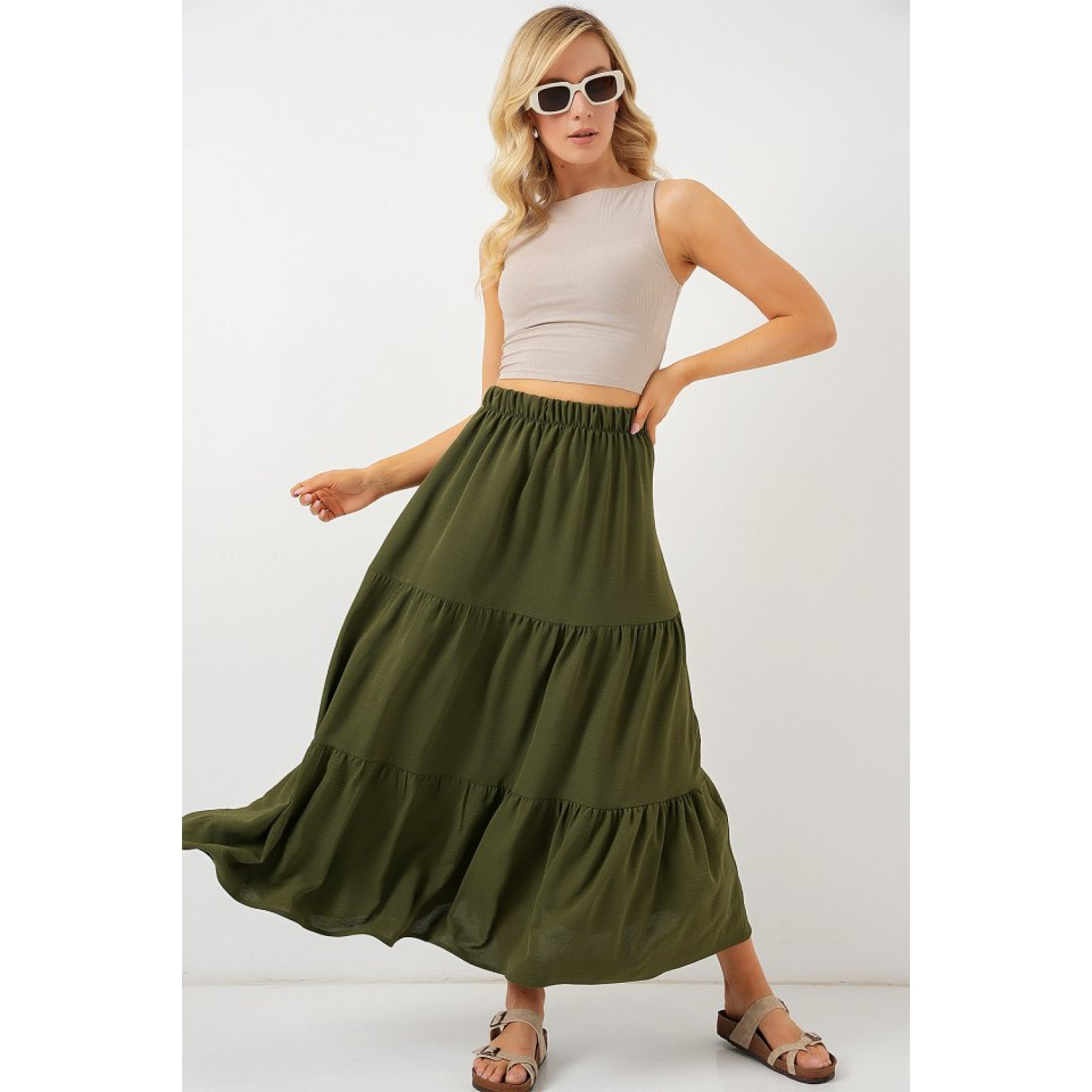 Lucky Life Kadın Ayrobin Uzun Etek 8048 - Haki