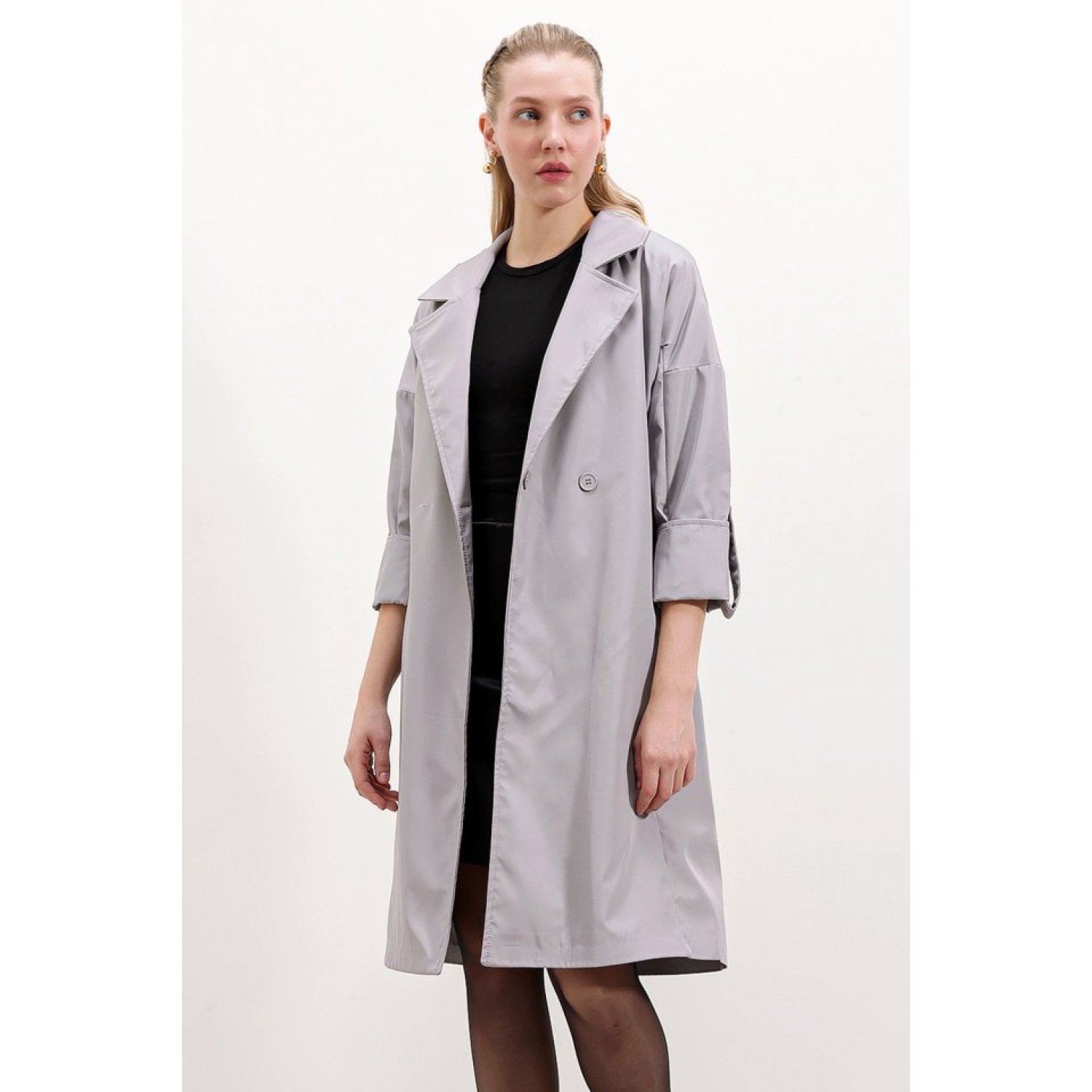 Lucky Life Kadın  Kruvaze Yaka Astarlı Trençkot - Gri