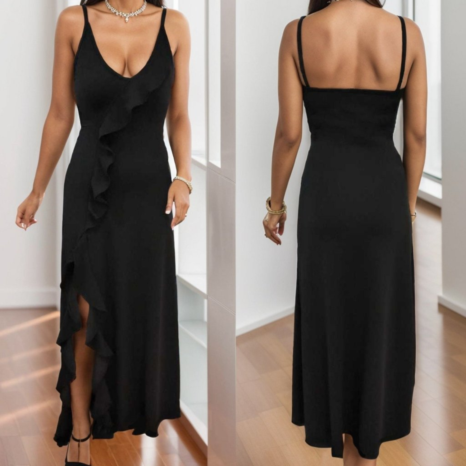 Lucky Life Kadın Ip Askılı Dekolteli Yırtmaç Detay Krep Elbise