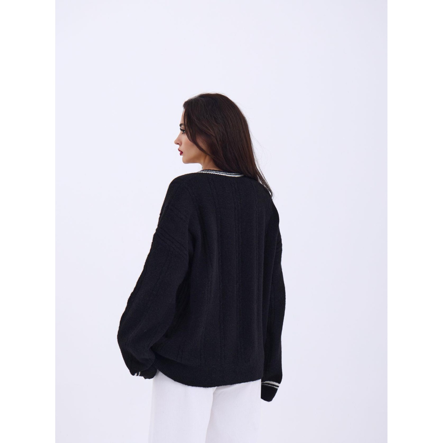 Lucky Life Kadın TRİKO V YAKA ÇİZGİLİ KAZAK-SİYAH-EKRU