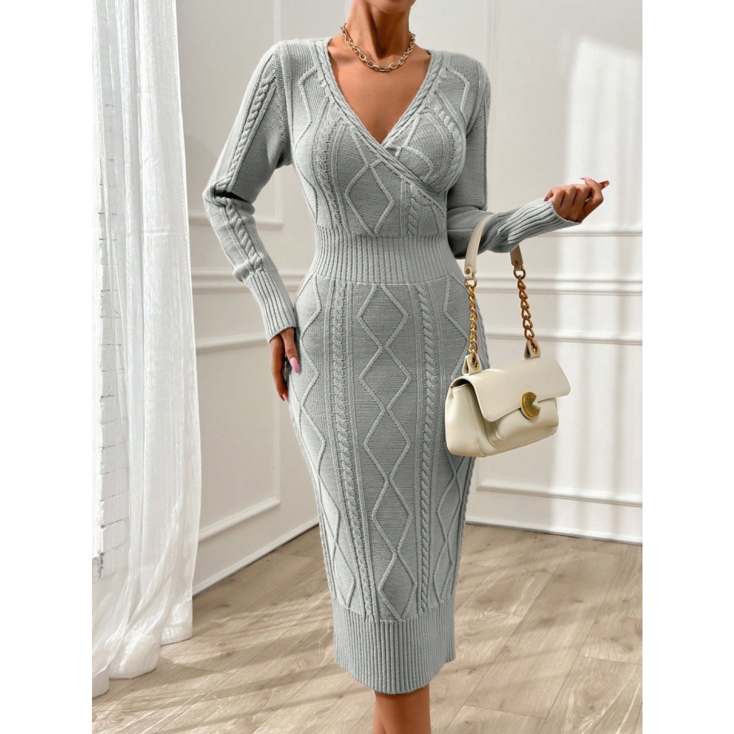 Lucky Life Kadın Uzun Kollu Kruvaze Yaka Triko Midi Boy Elbise Lucky Life Kadın Uzun Kollu Kruvaze Yaka Triko Midi Boy Elbise