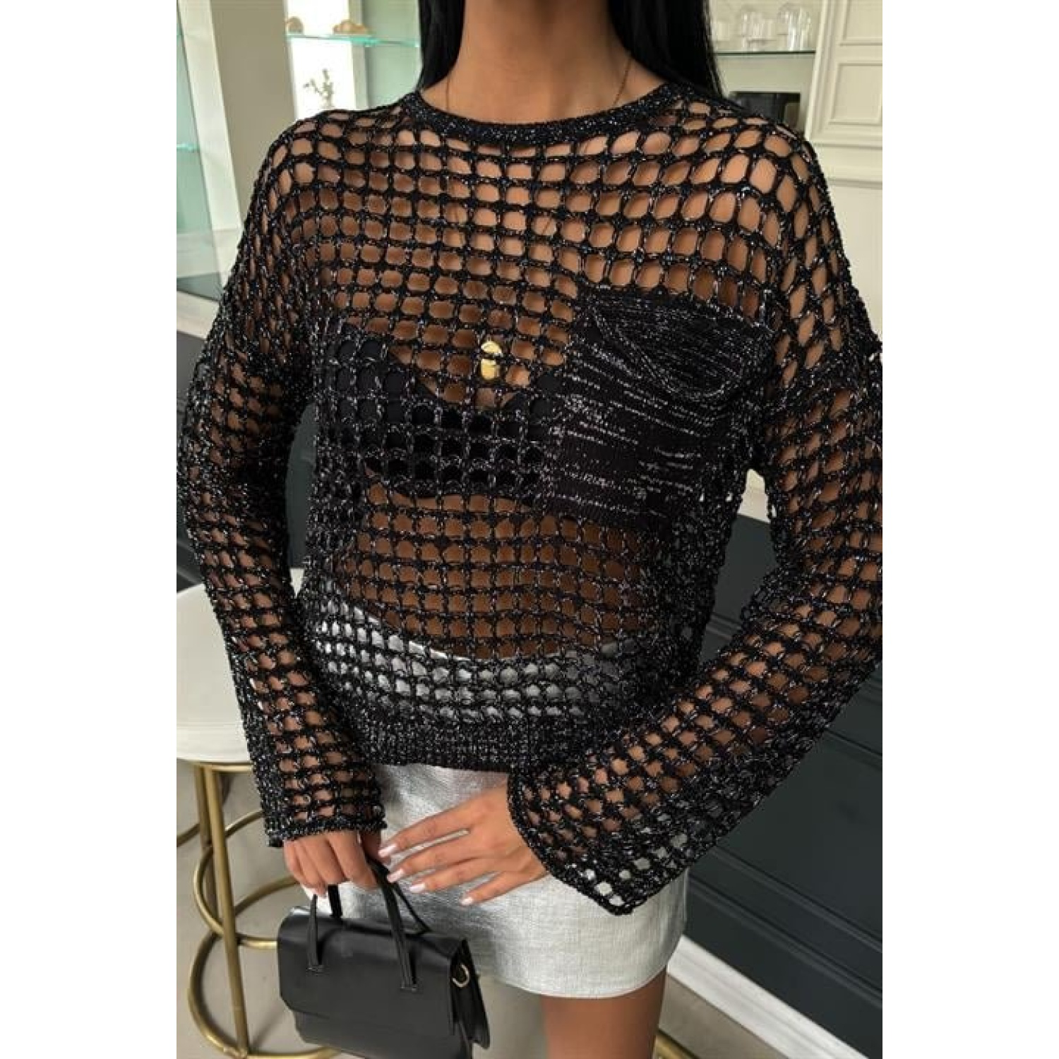 Lucky Life Kadın Cep Detay Simli Ajurlu Triko Bluz