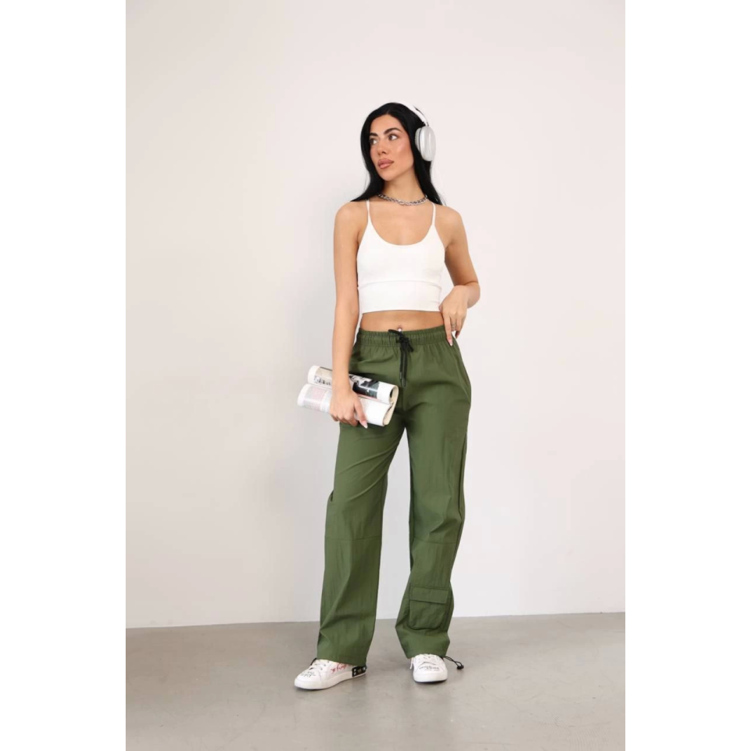 Lucky Life Kadın Paraşut Kumaş Paça Cepli Baggy Eşofman - Haki