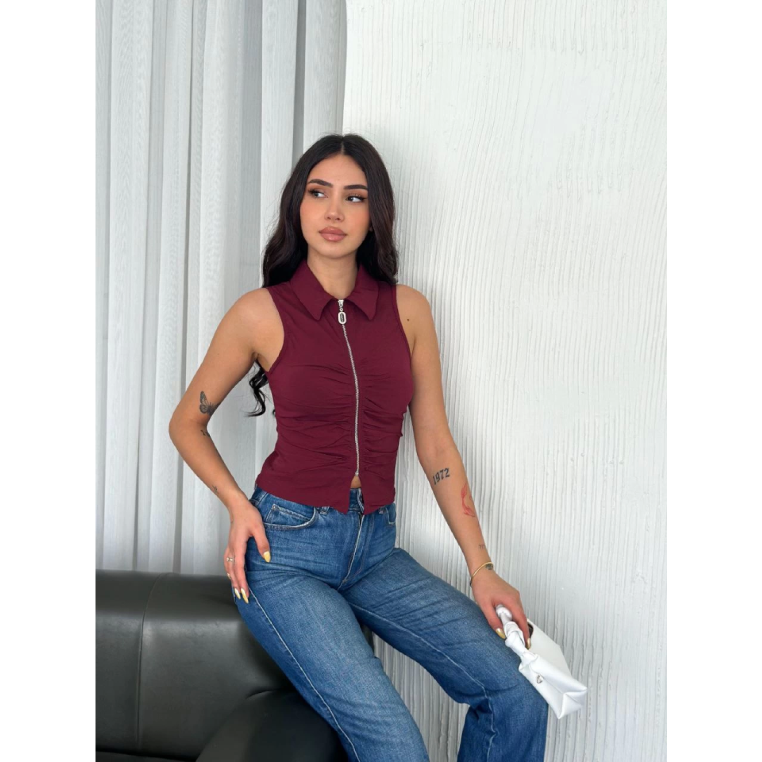 Lucky Life Kadın Yakalı Tam Fermuarlı Kolsuz Bluz - Bordo
