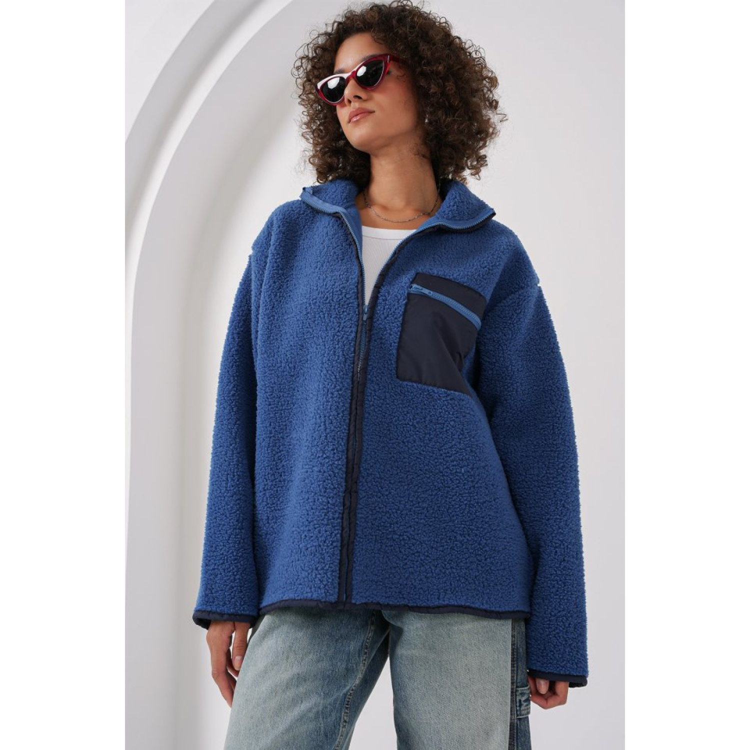 Lucky Life Kadın Fermuarlı Oversize Peluş Ceket - Saks