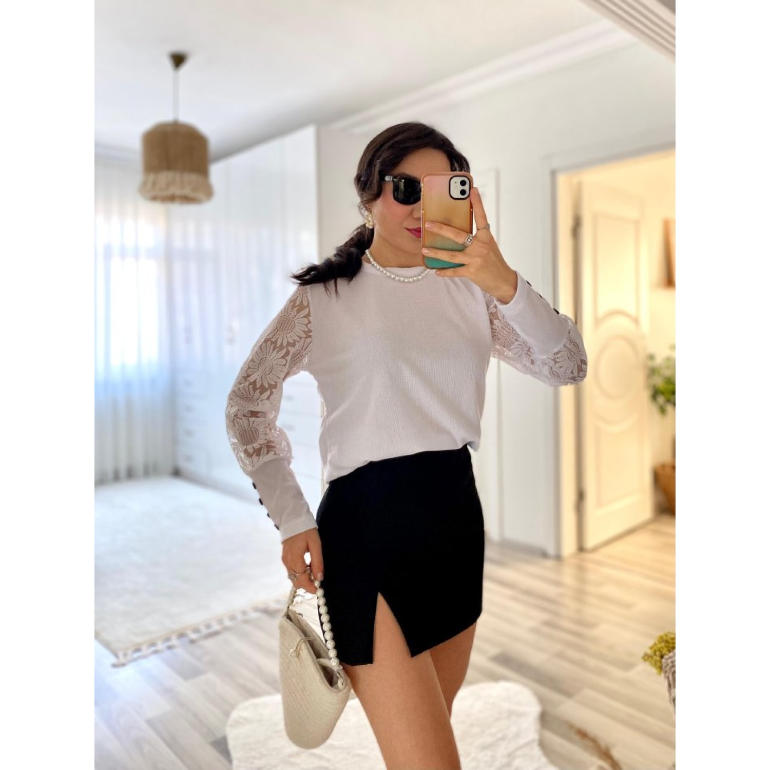 Lucky Life Kadın Uzun Kollu V Yaka Kenarları Güpür Detay şardonlu