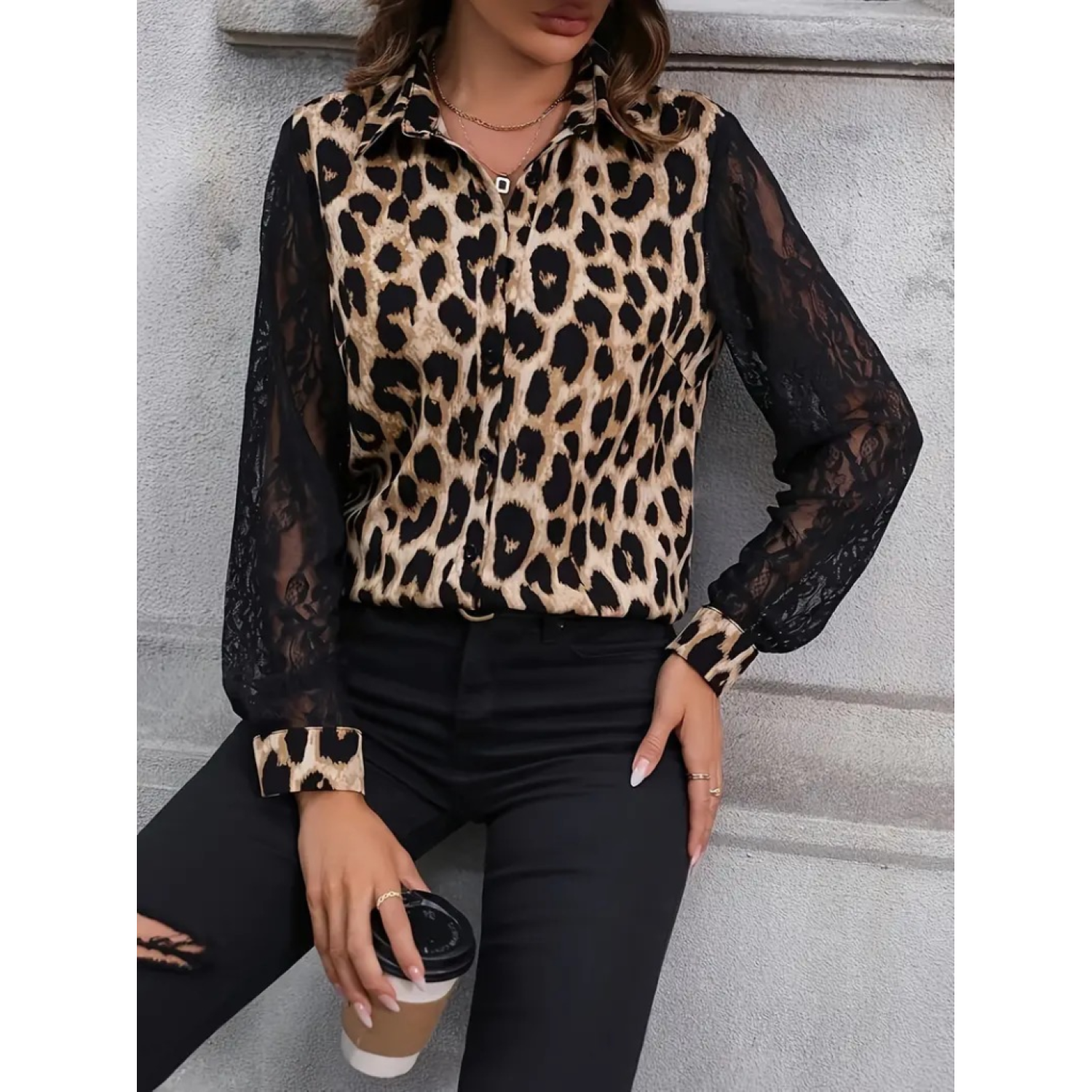 Lucky Life Kadın Leopar Desenli Kolları Tül  Krep Bluz