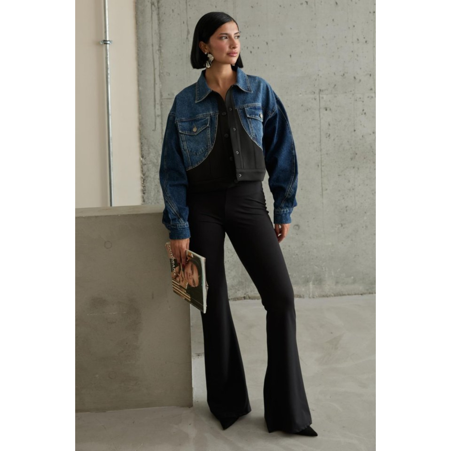 Lucky Life Kadın Siyah Denim Scuba Garnili Ceket