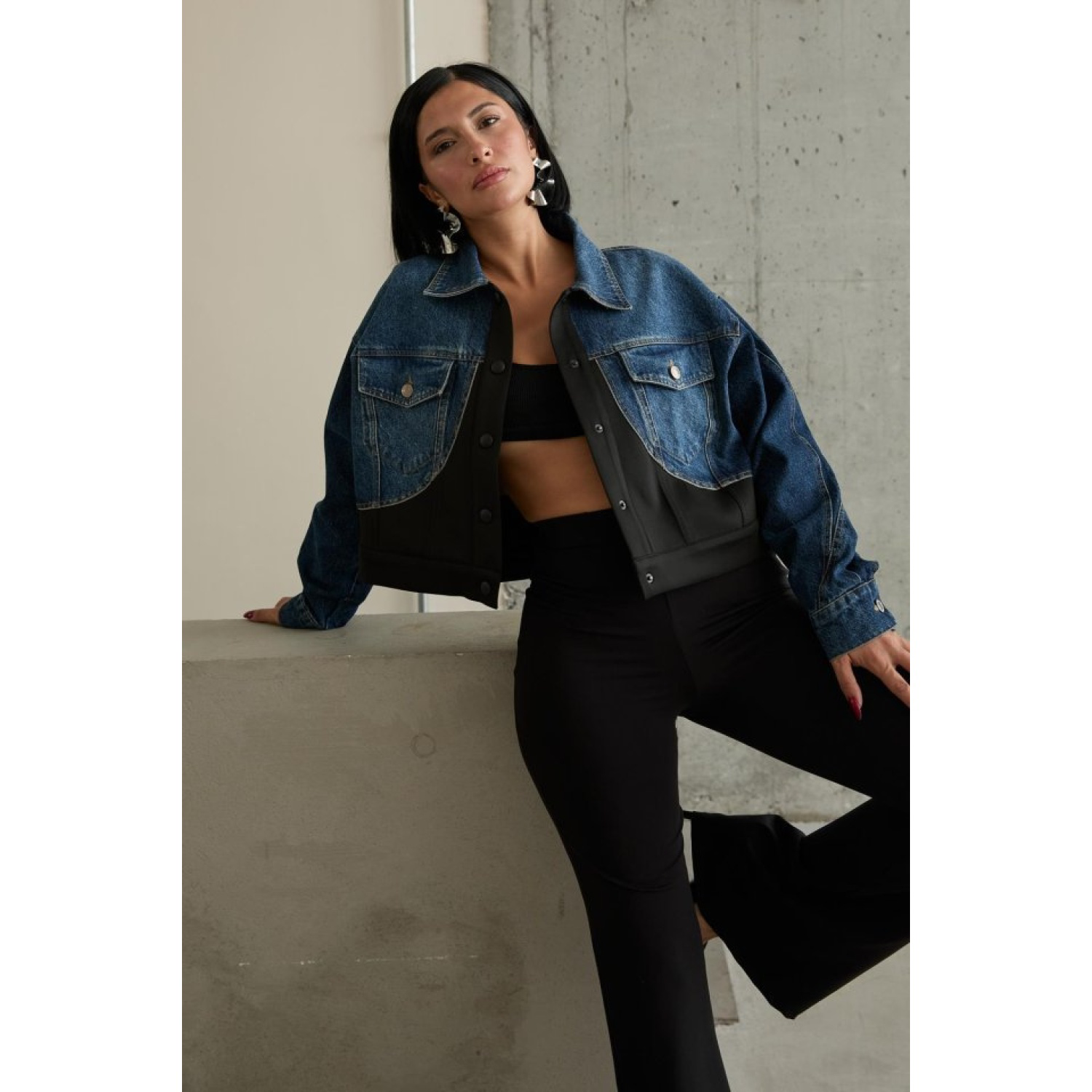 Lucky Life Kadın Siyah Denim Scuba Garnili Ceket