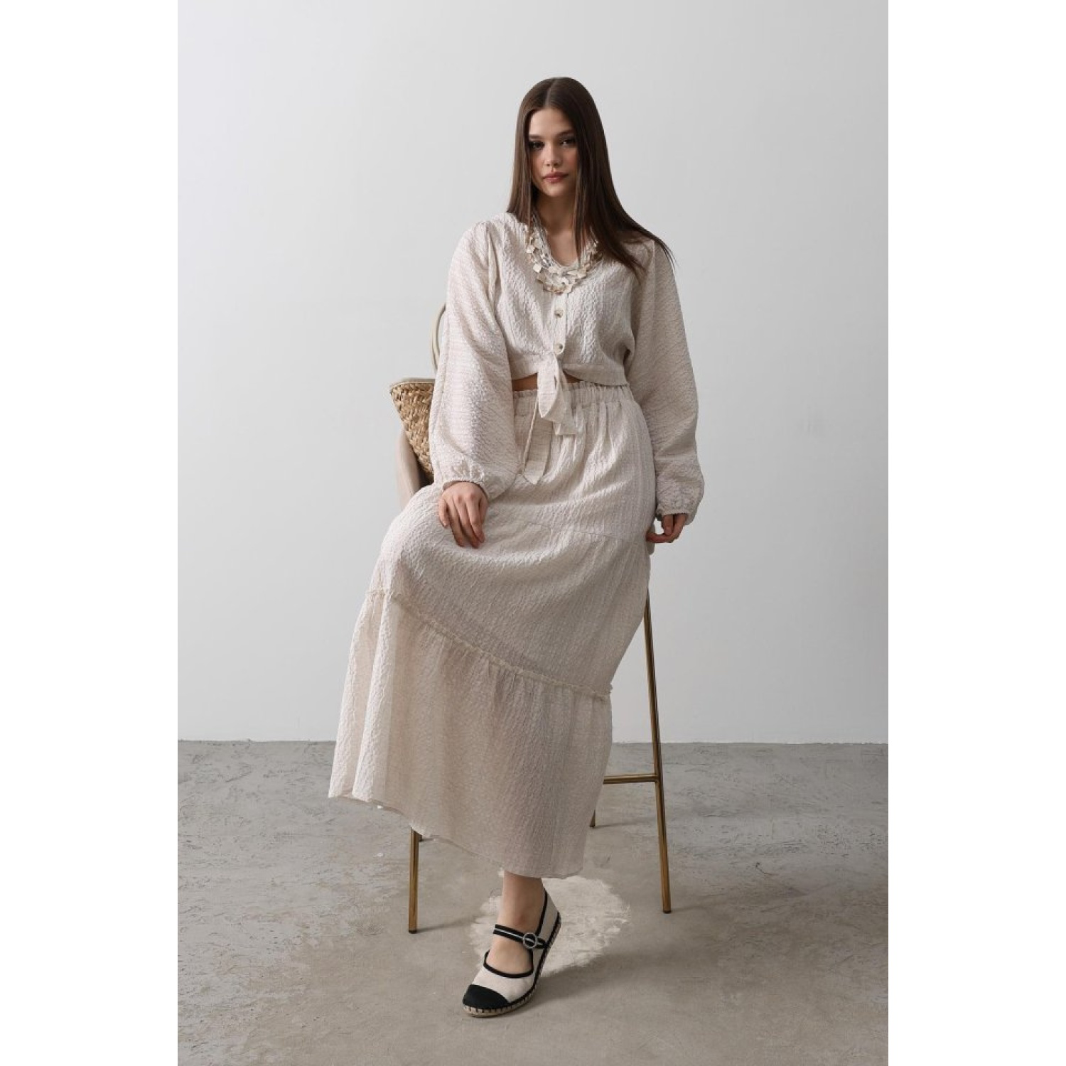 Lucky Life Kadın Balon Kollu Etekli Kaş Takım - Natür