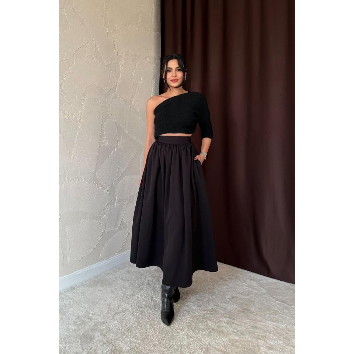 Lucky Life Kadın Siyah Beli Büzgülü Etek