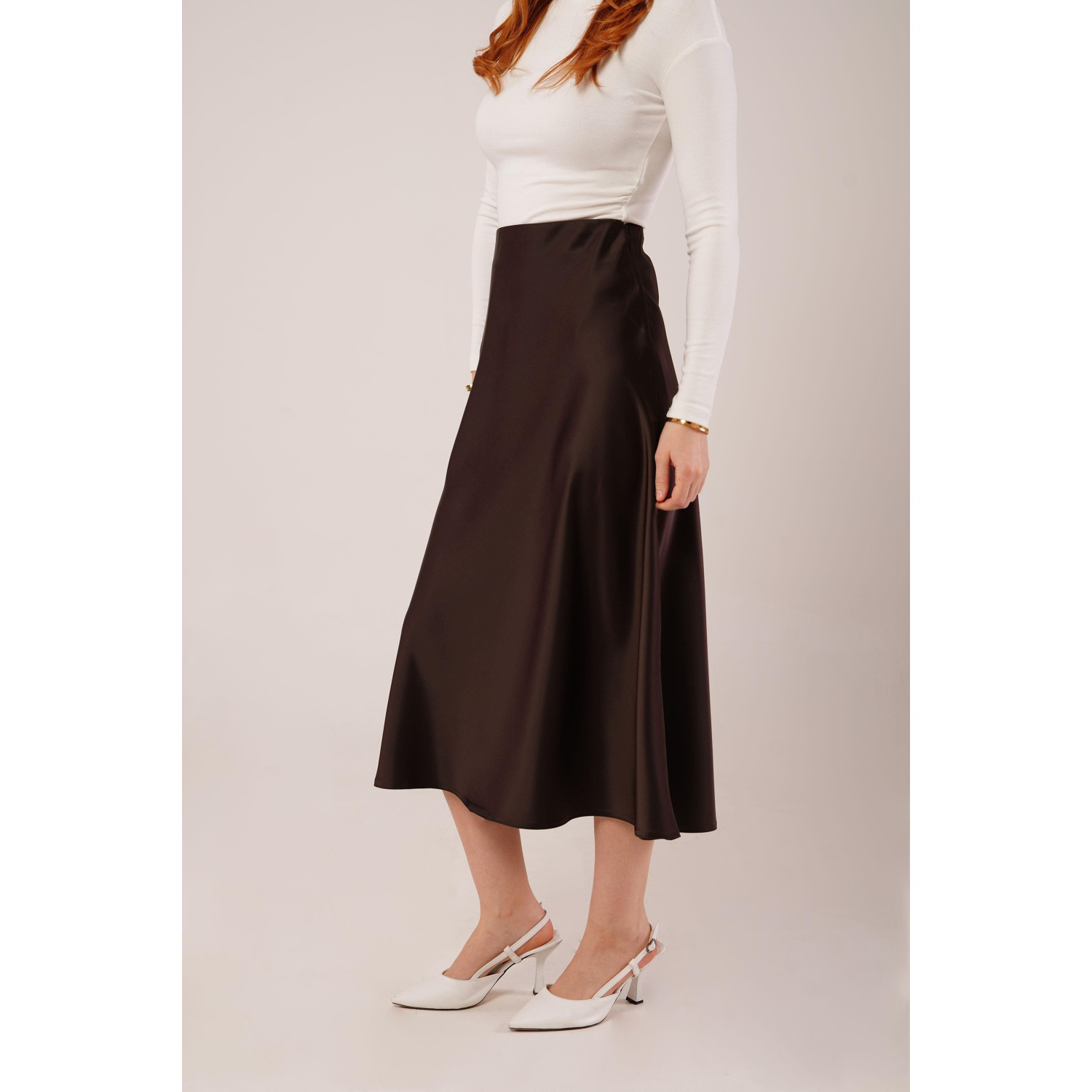 Lucky Life Kadın Çan Kesim Midi Kahverengi Saten Etek