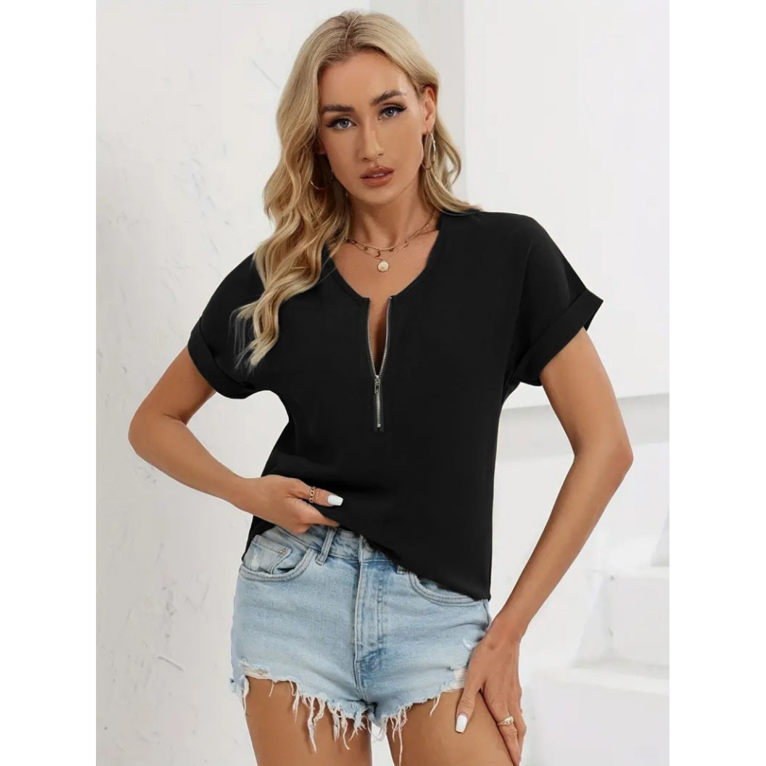 Lucky Life Kadın Kısa Kollu V Yaka Fermuarlı Salaş Sandy Bluz