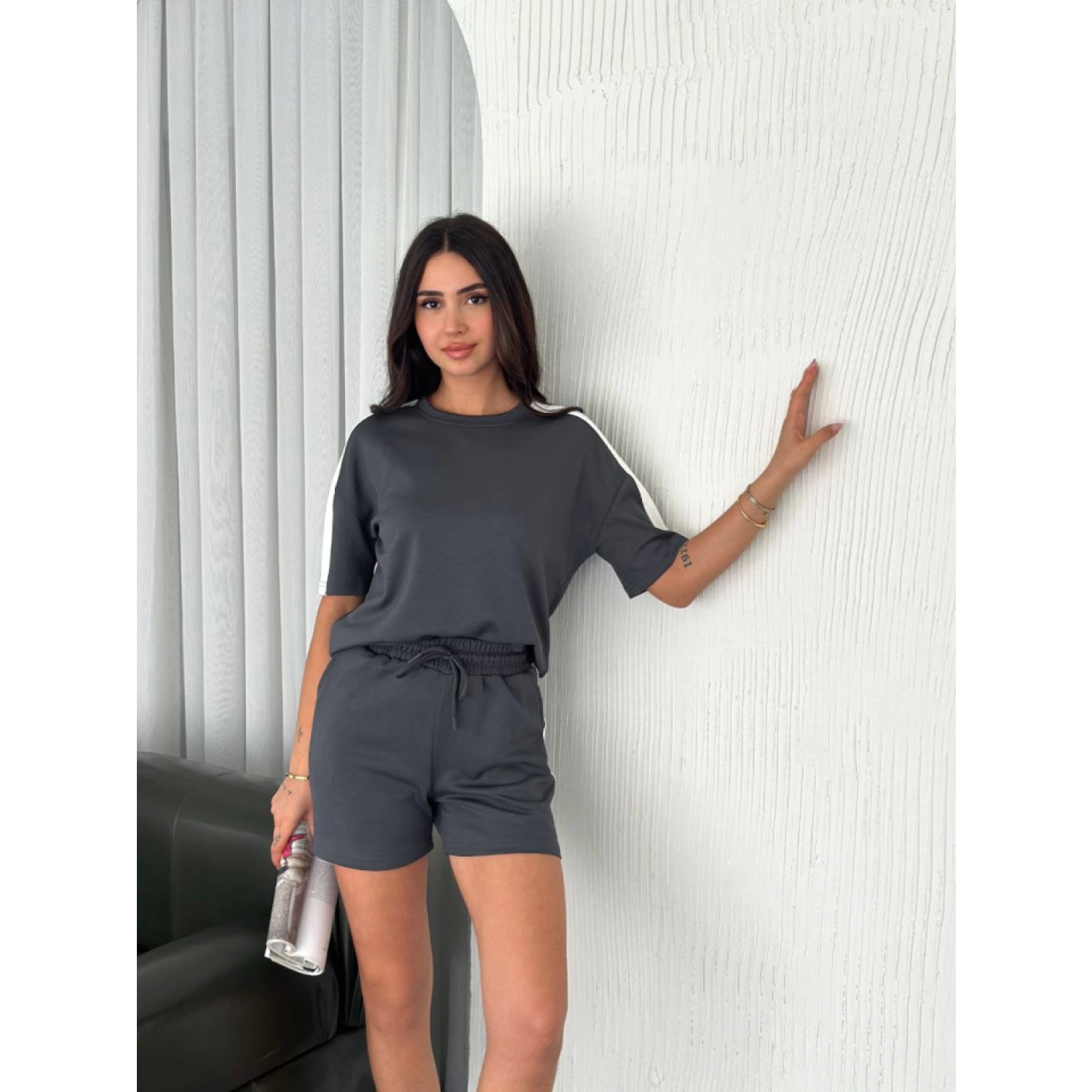 Lucky Life Kadın  Yumuşak Dokulu Kumaş Parçalı Bisiklet Yaka T-sh