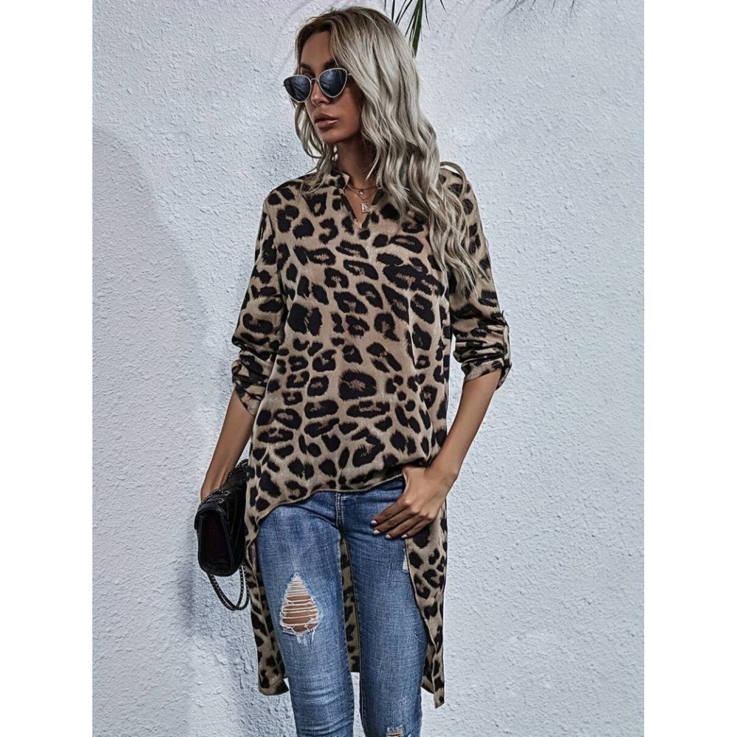 Lucky Life Kadın Uzun Kollu Hakim V Yakalı Leopar Desenli Asimetr Lucky Life Kadın Uzun Kollu Hakim V Yakalı Leopar Desenli Asimetr