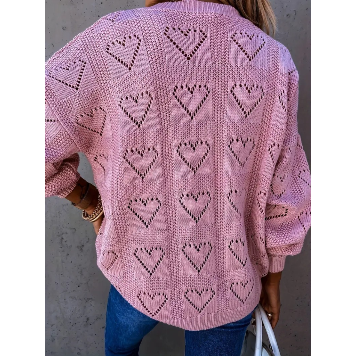 Lucky Life Kadın Uzun Kollu V Yakalı Kalpli Salaş Triko Bluz