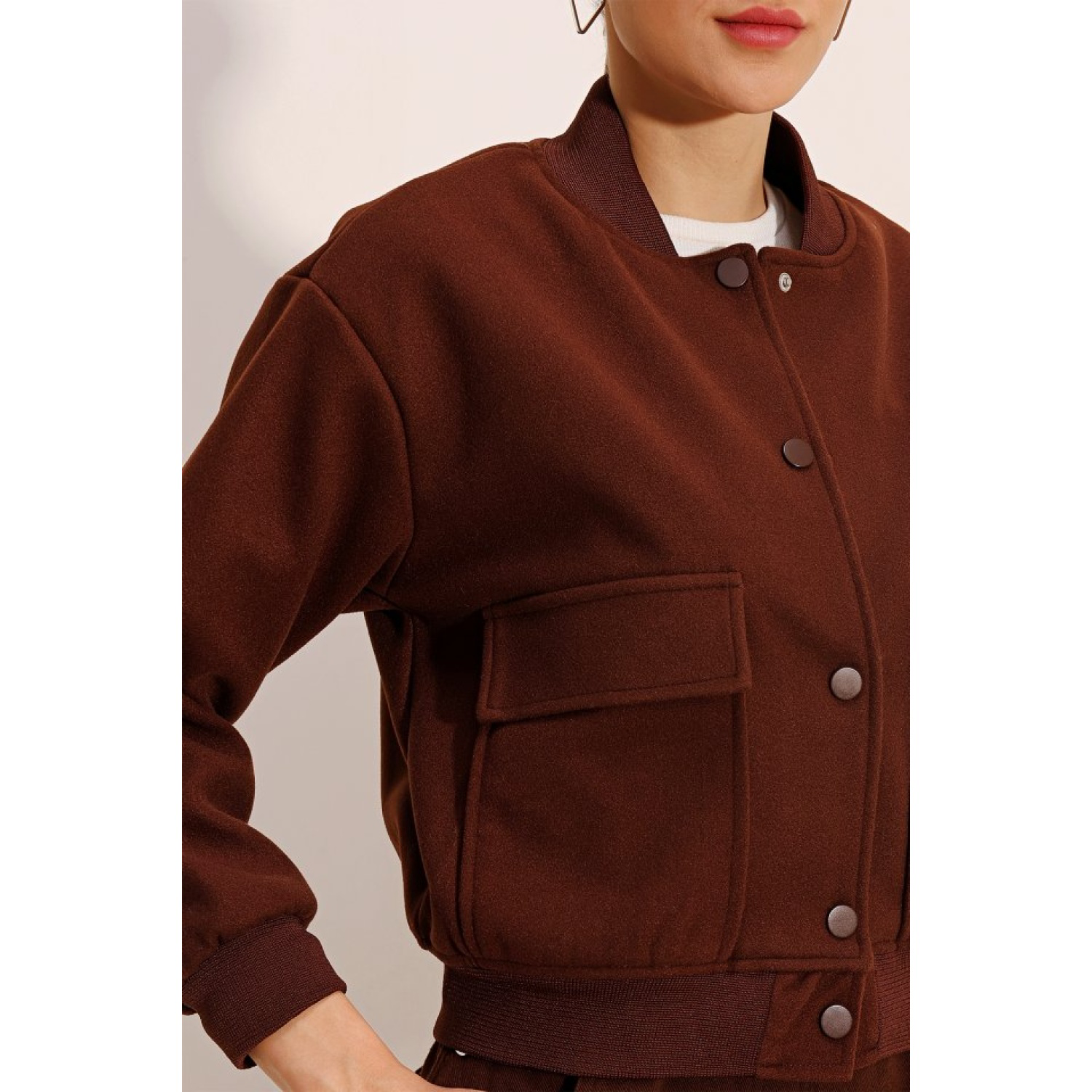 Lucky Life Kadın Çift Cepli Bomber Ceket - Kahverengi