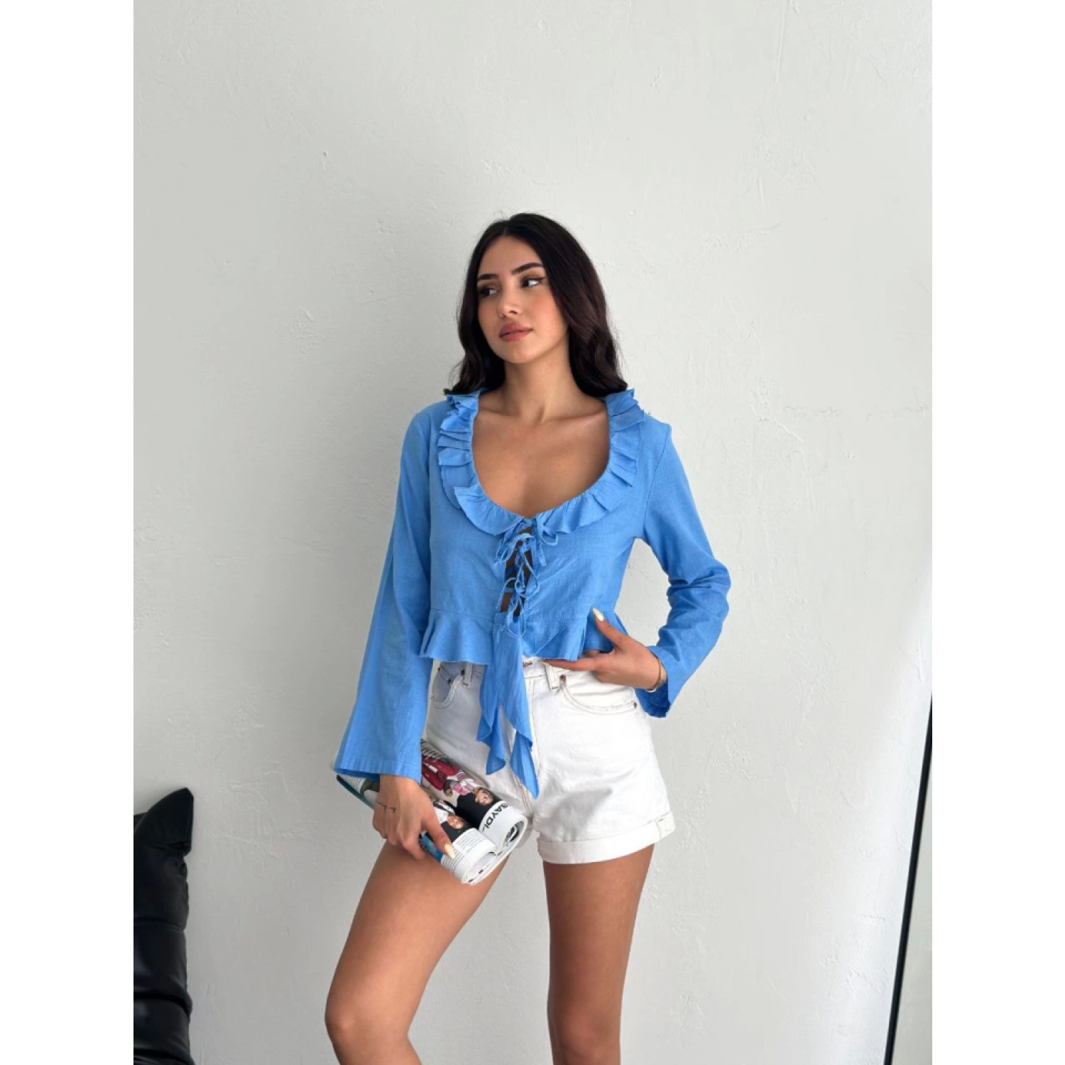 Lucky Life Kadın Keten Uzun Kol Bağacık Detaylı Bluz - Mavi