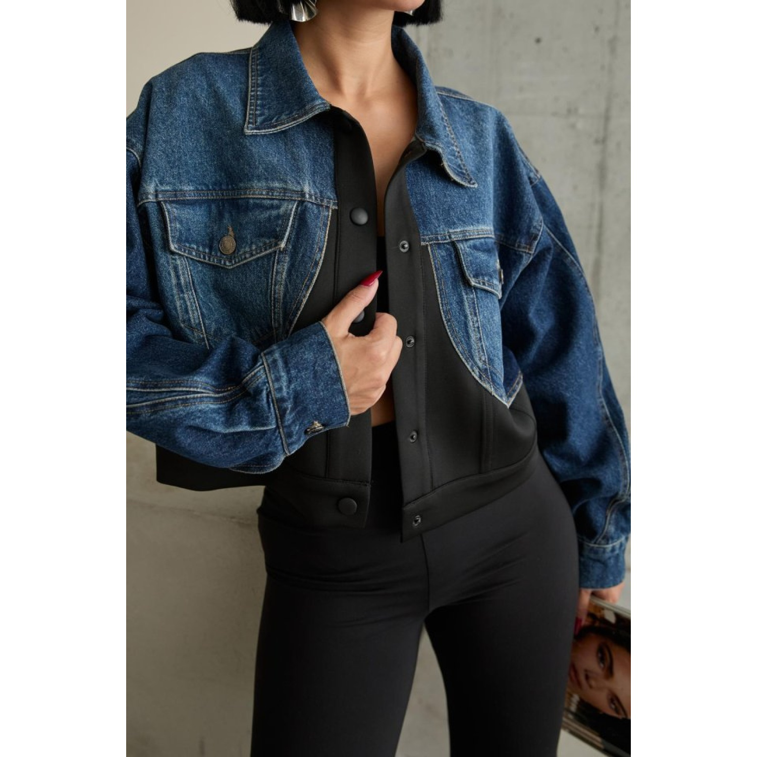 Lucky Life Kadın Siyah Denim Scuba Garnili Ceket