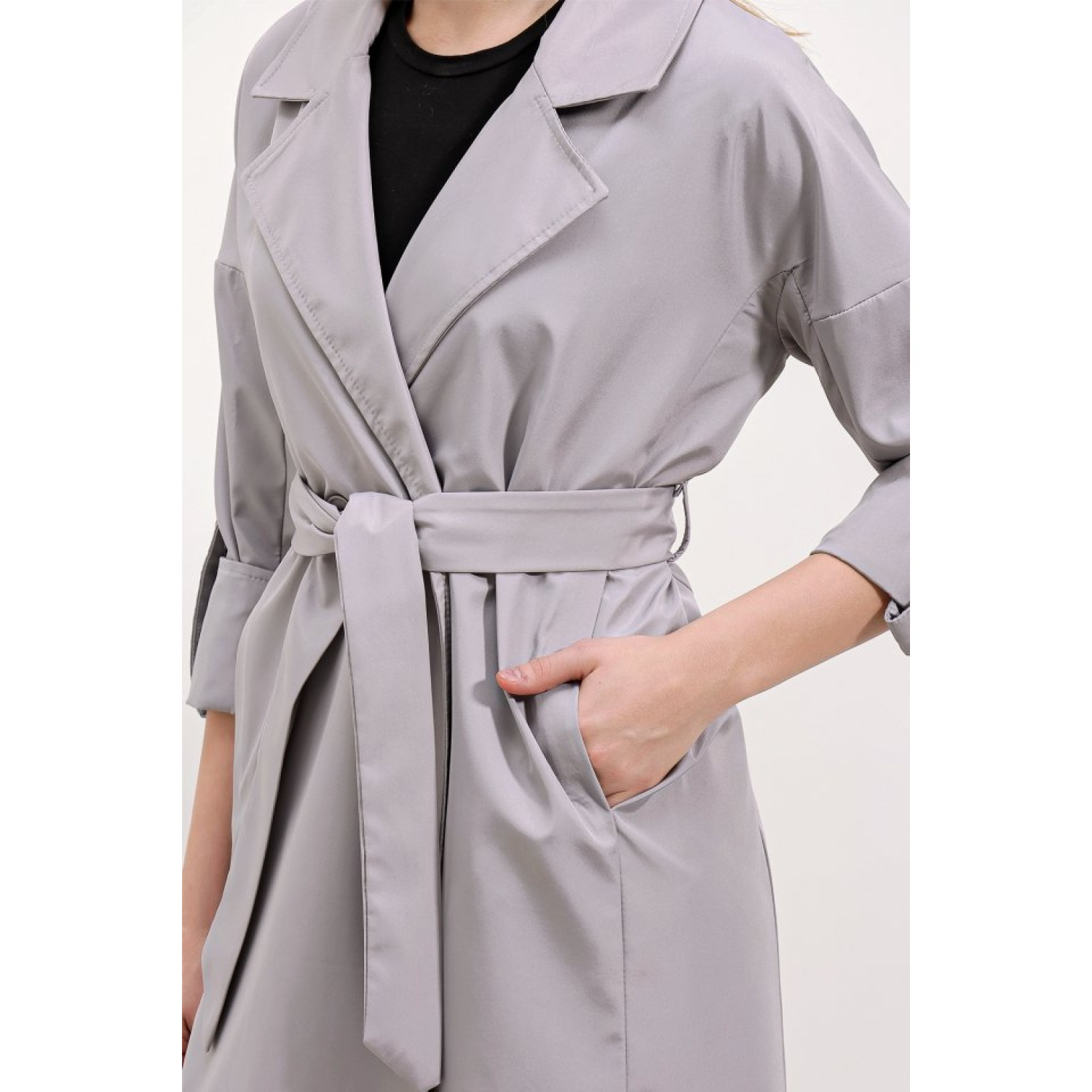 Lucky Life Kadın  Kruvaze Yaka Astarlı Trençkot - Gri