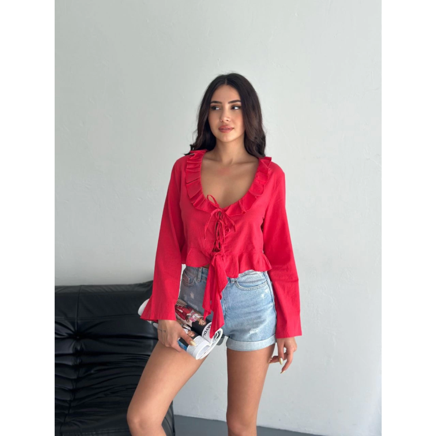 Lucky Life Kadın Keten Uzun Kol Bağacık Detaylı Bluz - Kırmızı Lucky Life Kadın Keten Uzun Kol Bağacık Detaylı Bluz - Kırmızı