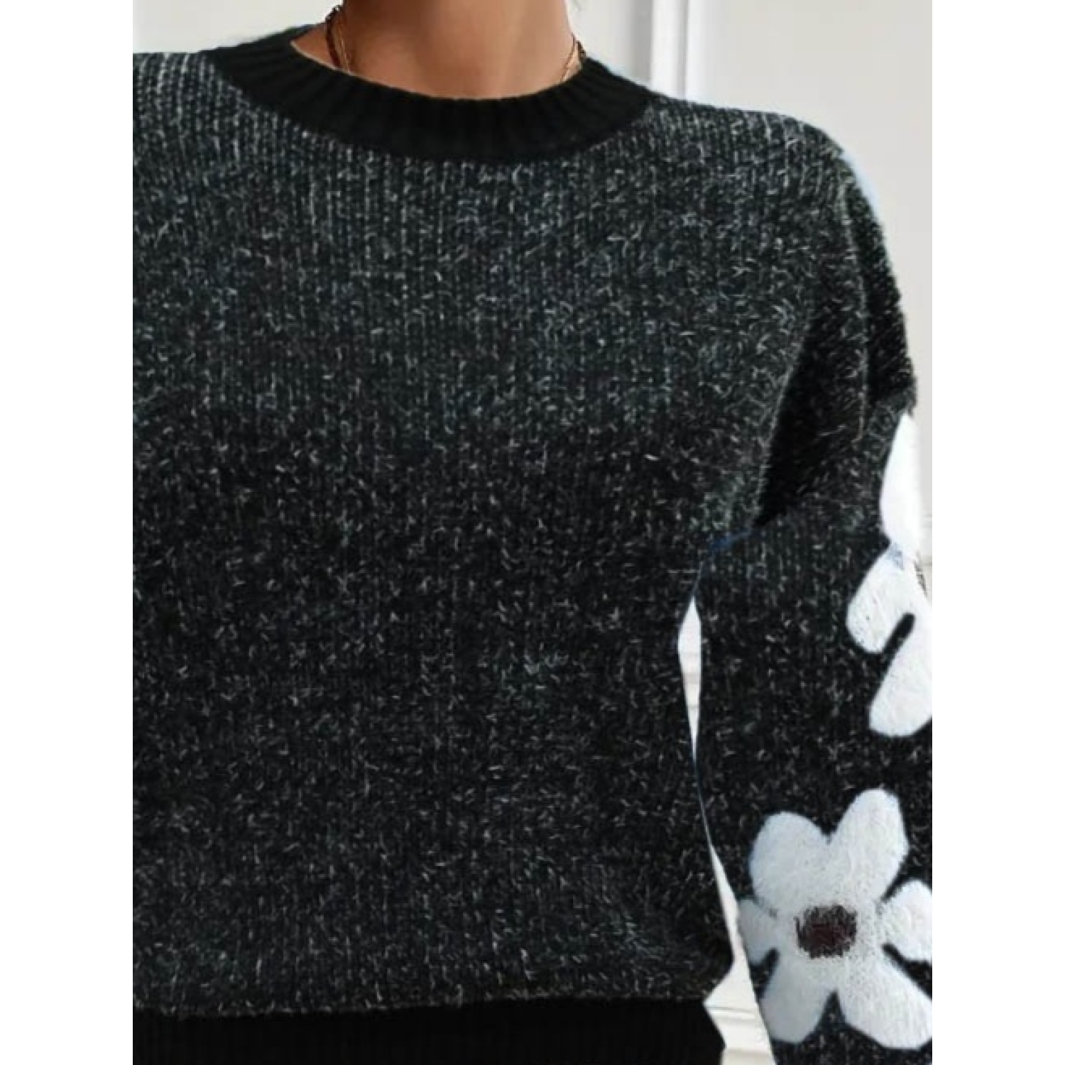 Lucky Life Kadın Uzun Kollu Bisiklet Yaka çiçek Desenli Triko Blu