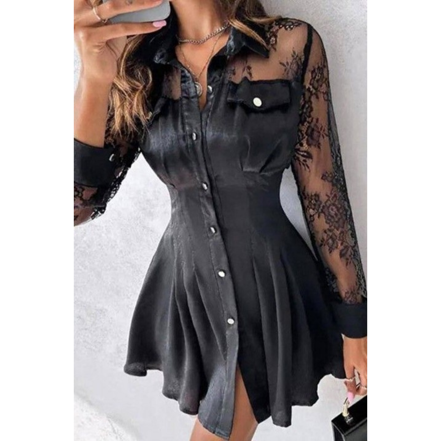 Lucky Life Kadın Gömlek Yaka Güpür Detay Pileli Elbise Lucky Life Kadın Gömlek Yaka Güpür Detay Pileli Elbise