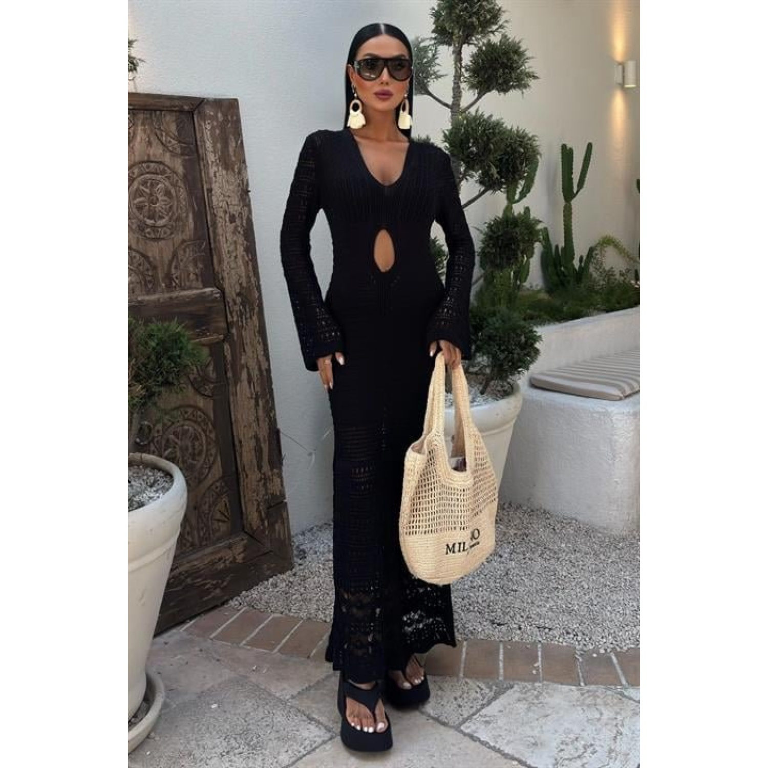 Lucky Life Kadın Göbek Dekolteli Ajurlu Elbise