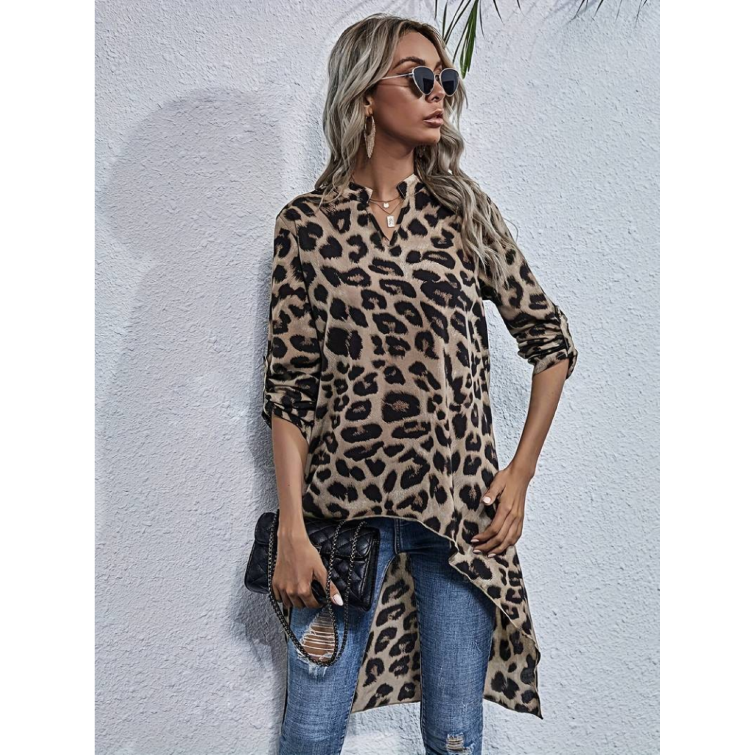 Lucky Life Kadın Uzun Kollu Hakim V Yakalı Leopar Desenli Asimetr Lucky Life Kadın Uzun Kollu Hakim V Yakalı Leopar Desenli Asimetr