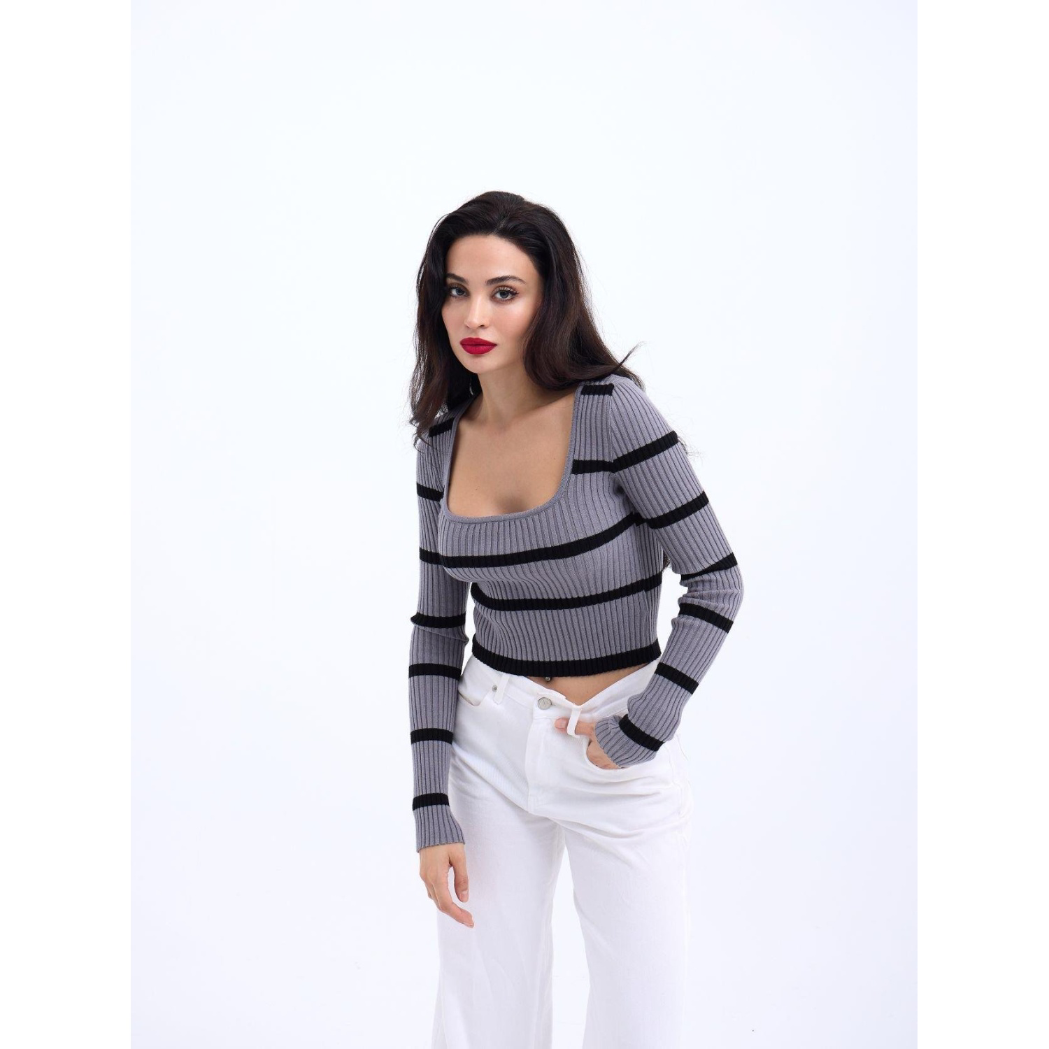 Lucky Life Kadın 221 TRİKO ÇİZGİLİ FİTİLLİ CROP-GRİ-SİYAH Lucky Life Kadın 221 TRİKO ÇİZGİLİ FİTİLLİ CROP-GRİ-SİYAH