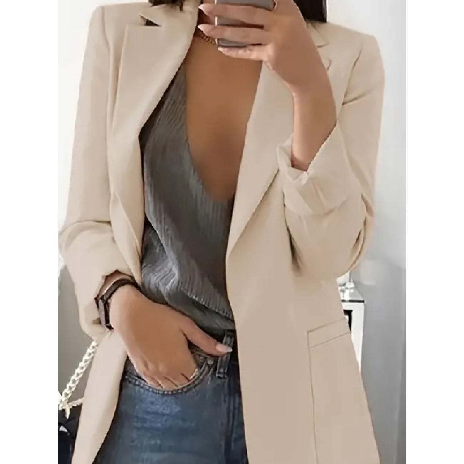 Lucky Life Kadın Uzun Kollu Yakalı Düğmesiz Cepli Atlas Blazer Ce Lucky Life Kadın Uzun Kollu Yakalı Düğmesiz Cepli Atlas Blazer Ce