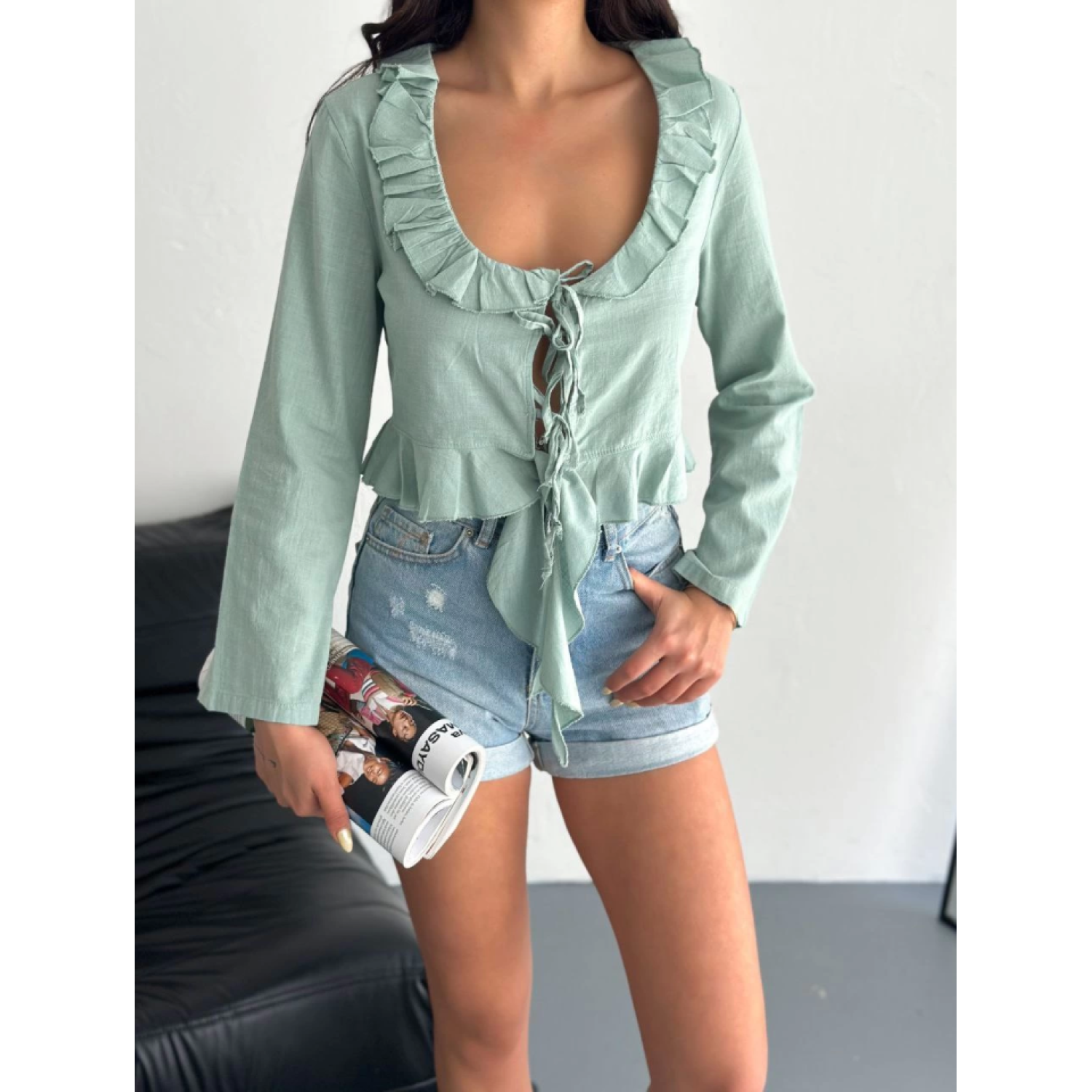 Lucky Life Kadın Keten Uzun Kol Bağacık Detaylı Bluz - Yeşil