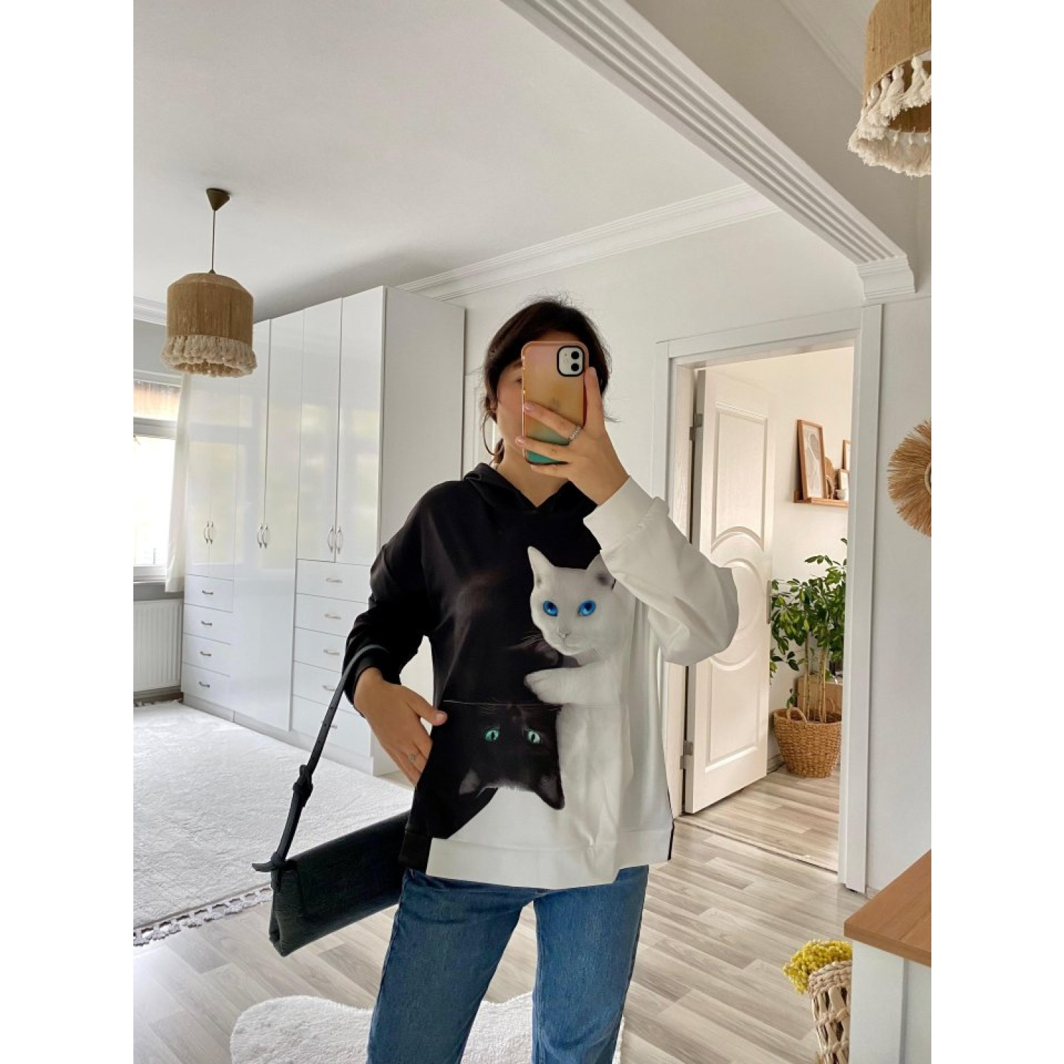 Lucky Life Kadın Uzun Kollu Kapşonlu Bağcıklı Kedi Desenli şardon