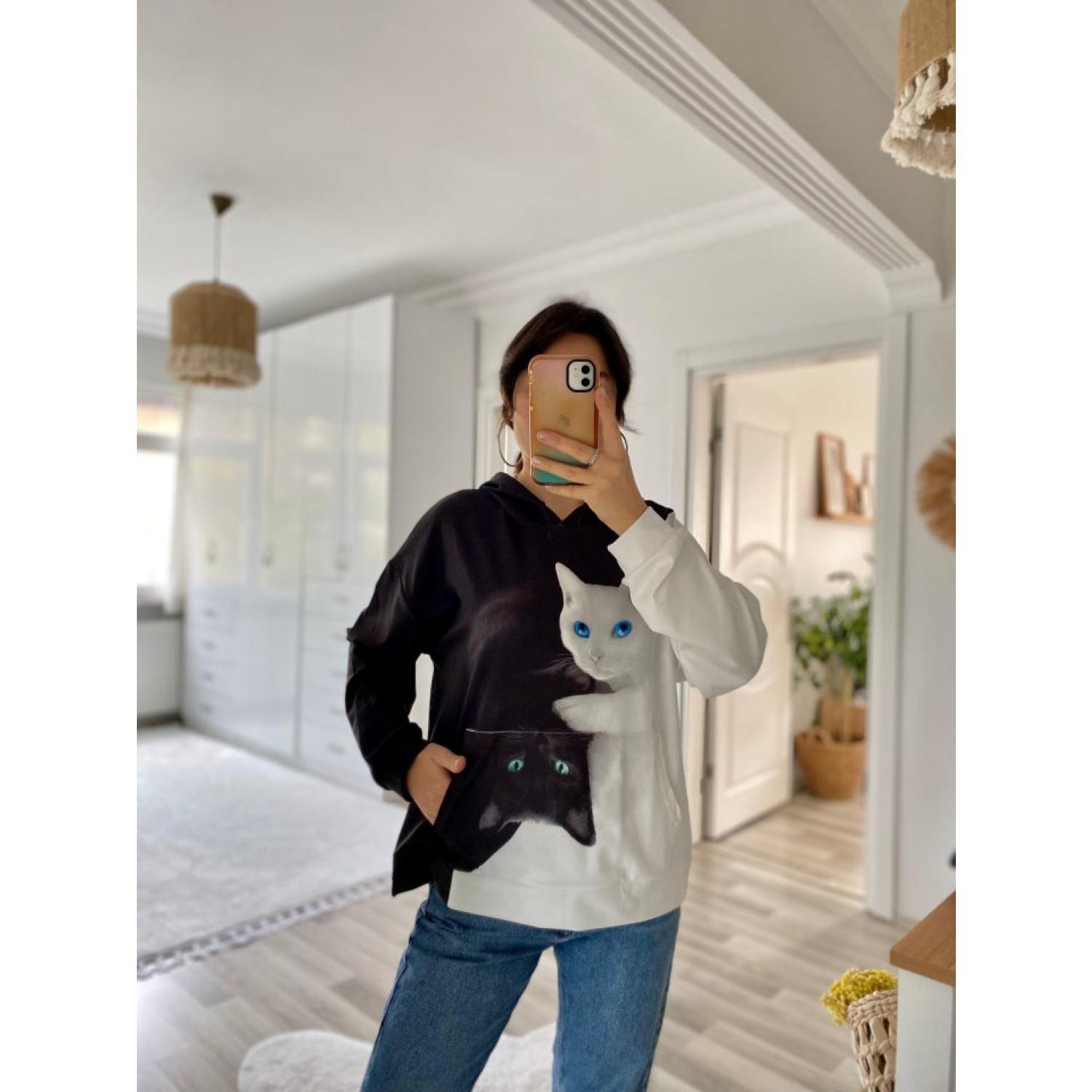 Lucky Life Kadın Uzun Kollu Kapşonlu Bağcıklı Kedi Desenli şardon