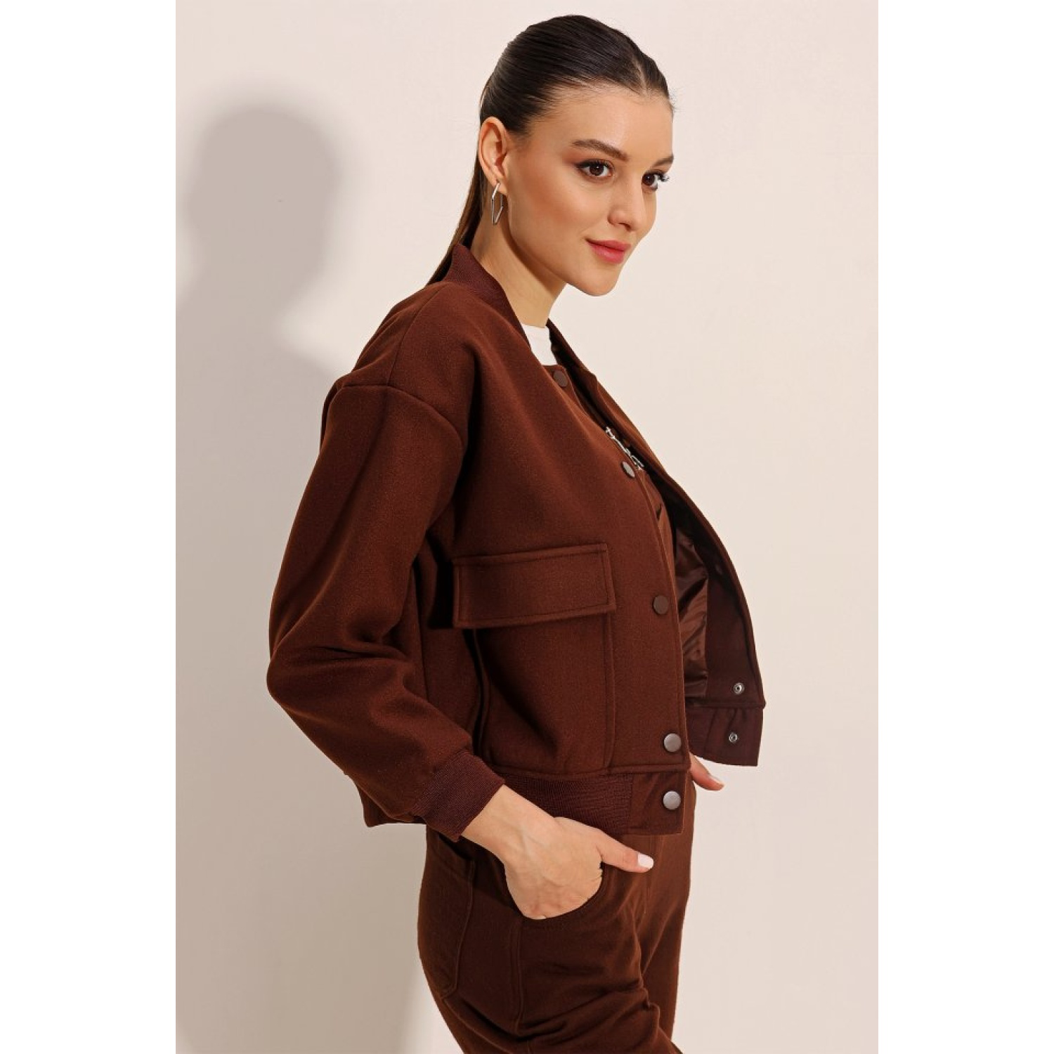 Lucky Life Kadın Çift Cepli Bomber Ceket - Kahverengi