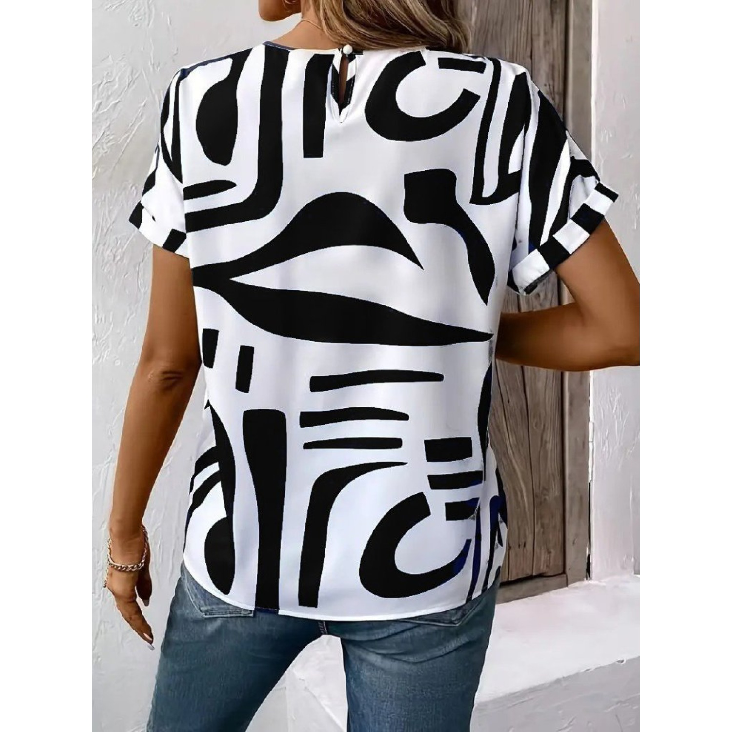 Lucky Life Kadın Kısa Kollu Yuvarlak Yaka Desenli Süprem Bluz