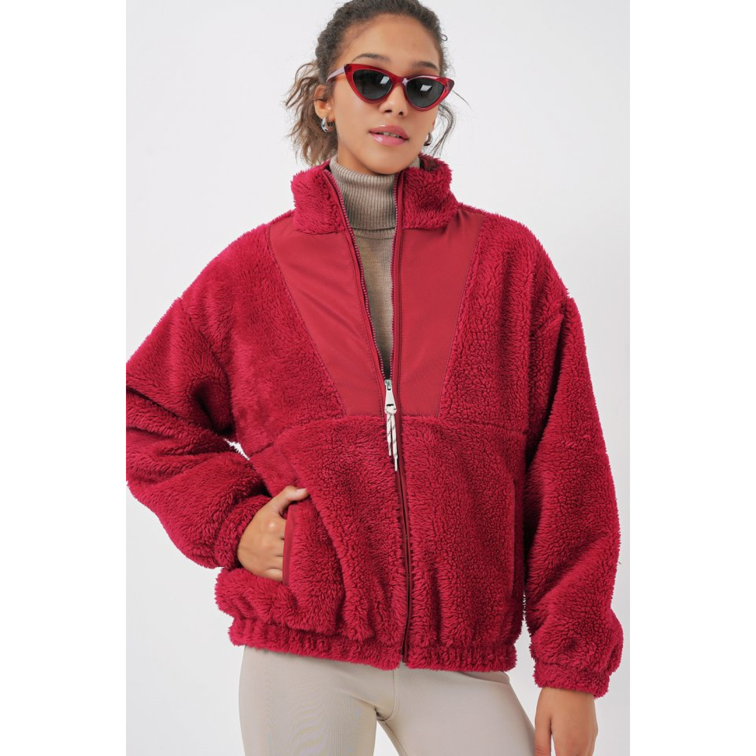 Lucky Life Kadın Peluş Mont Ceket - A.Bordo