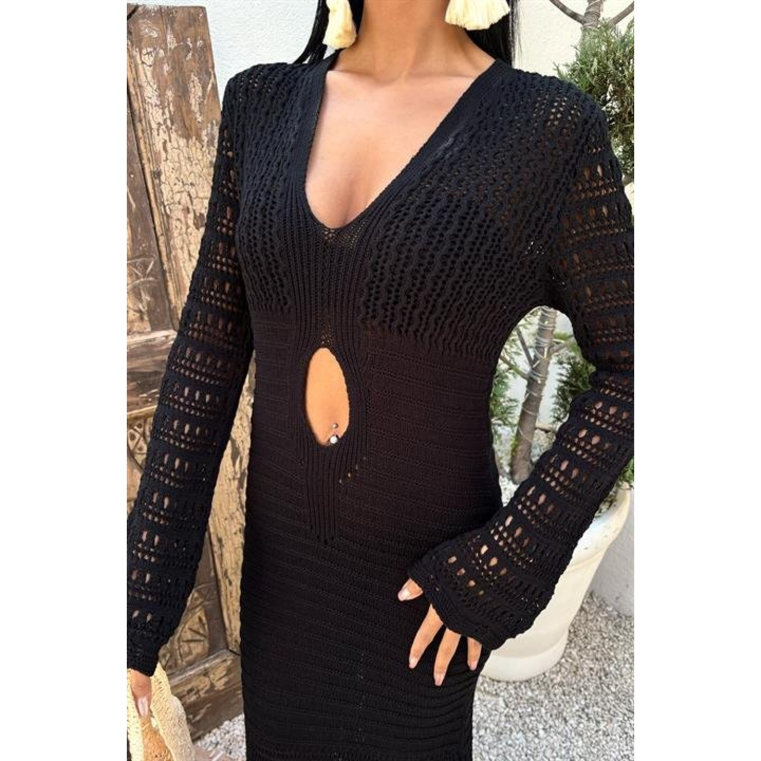 Lucky Life Kadın Göbek Dekolteli Ajurlu Elbise