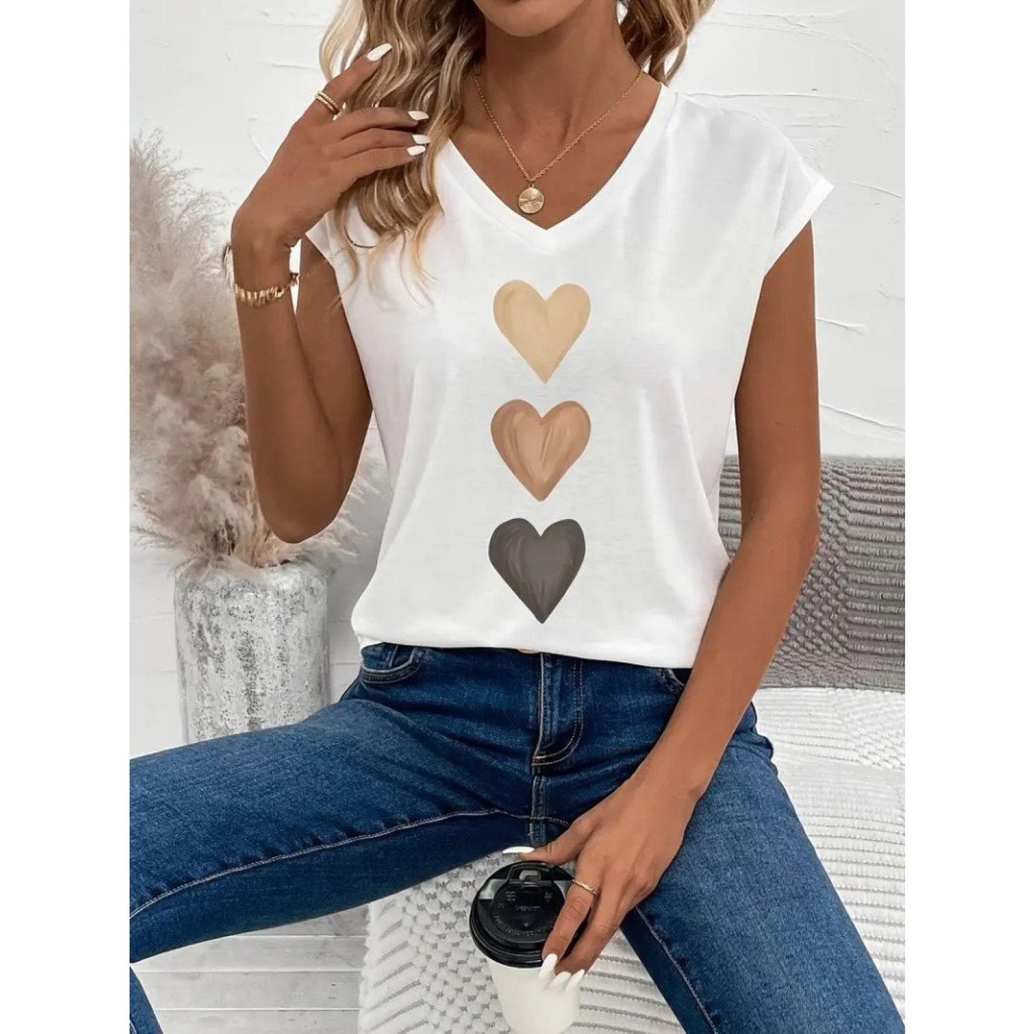 Lucky Life Kadın Kısa Kollu V Yakalı Kalp Desen Viskon Bluz