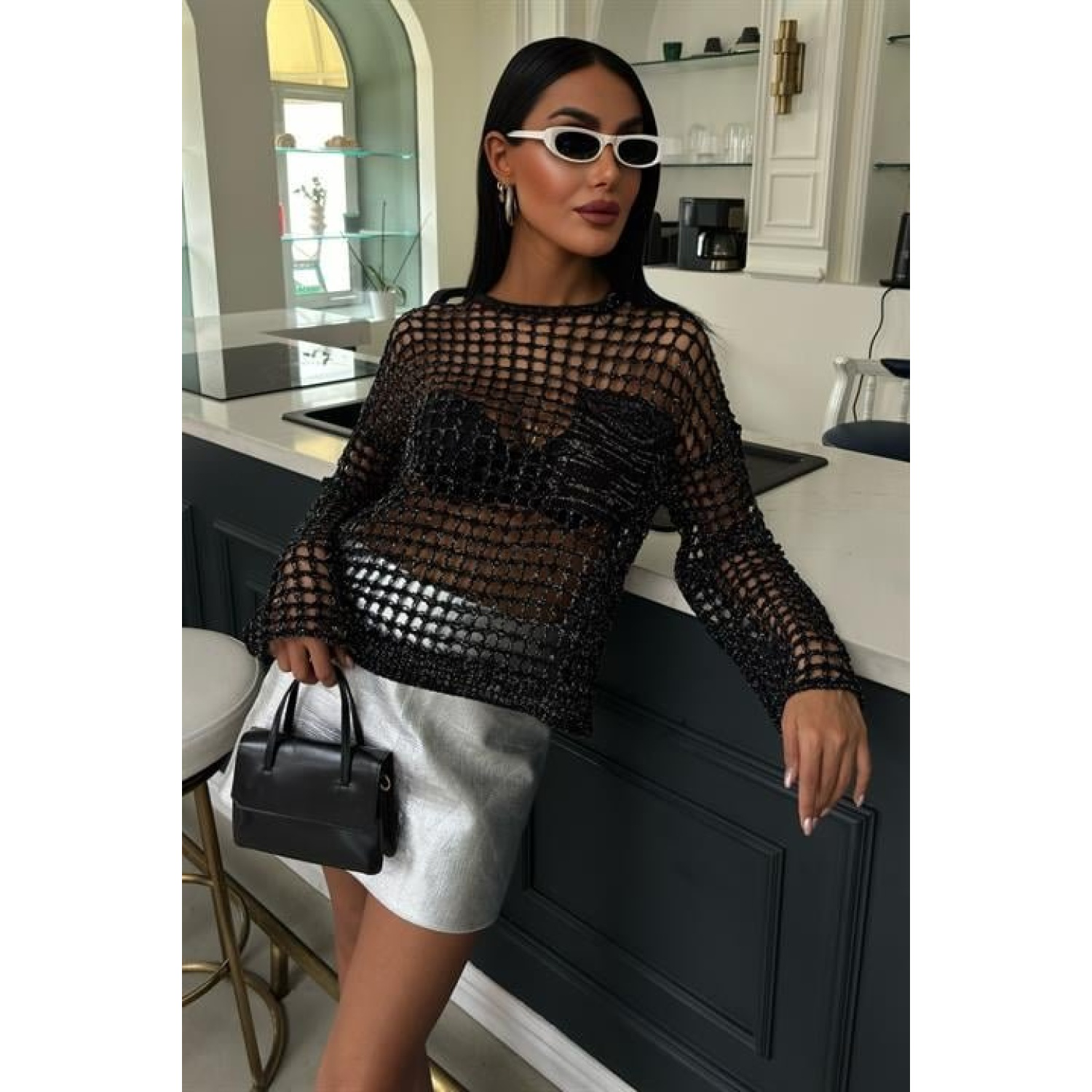 Lucky Life Kadın Cep Detay Simli Ajurlu Triko Bluz