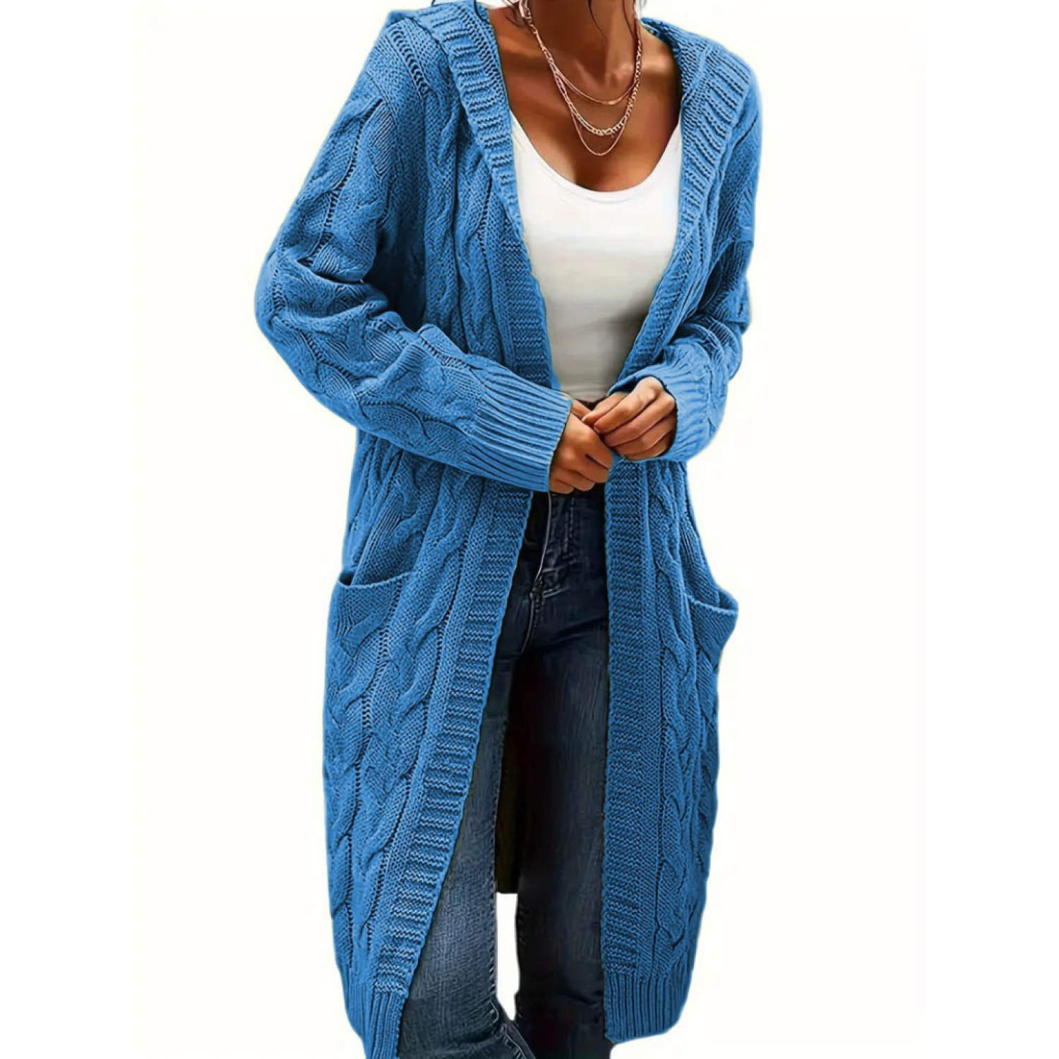 Lucky Life Kadın Uzun Kollu Kapşonlu önü Açık Cepli Midi Hırka