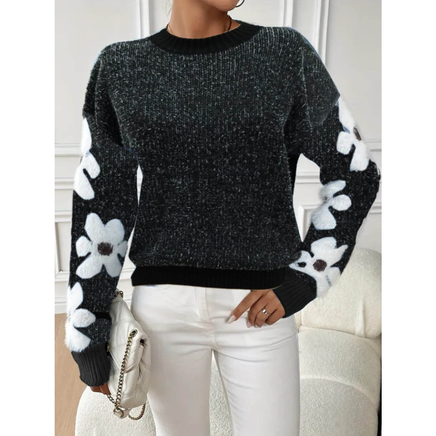 Lucky Life Kadın Uzun Kollu Bisiklet Yaka çiçek Desenli Triko Blu