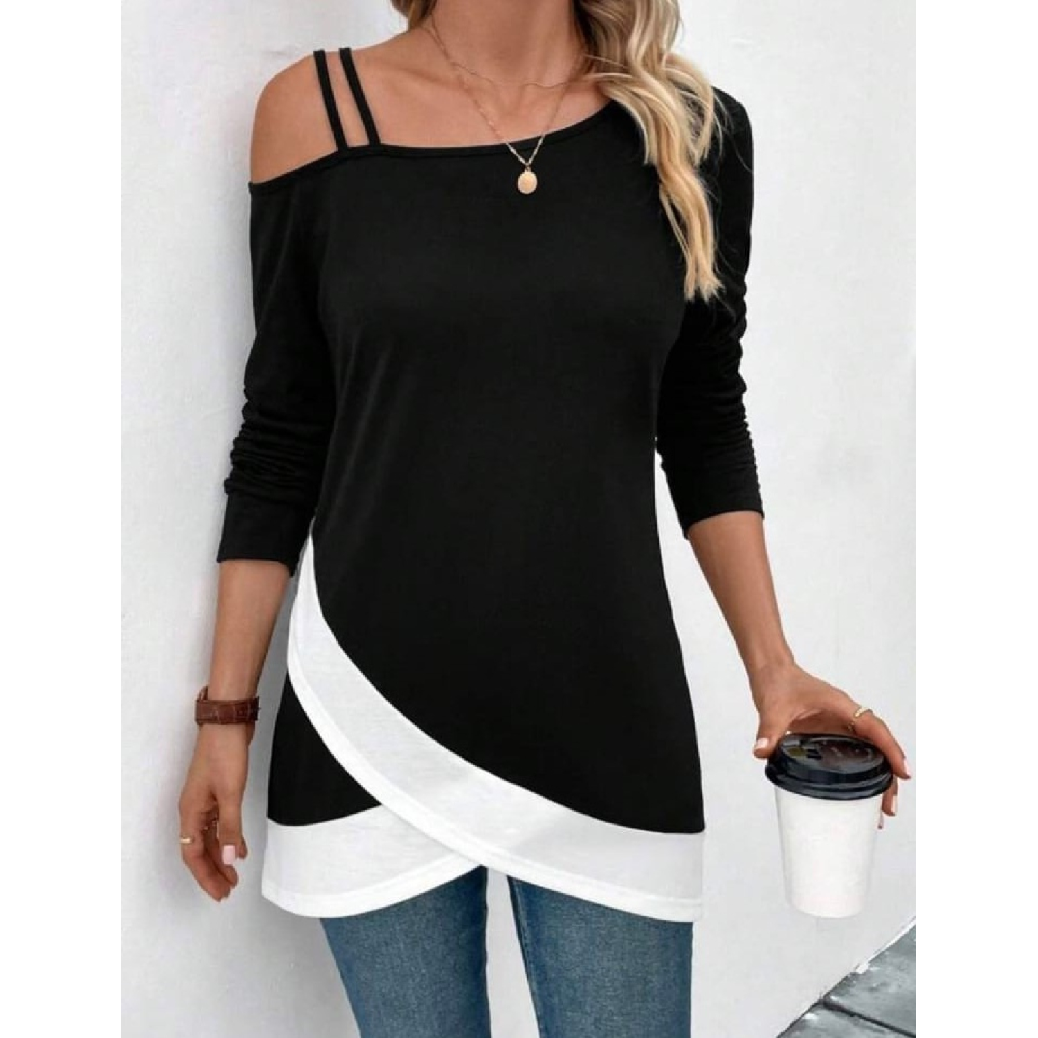 Lucky Life Kadın Uzun Kollu Tek Omuzu Açık şerit Detaylı Uzun Kol