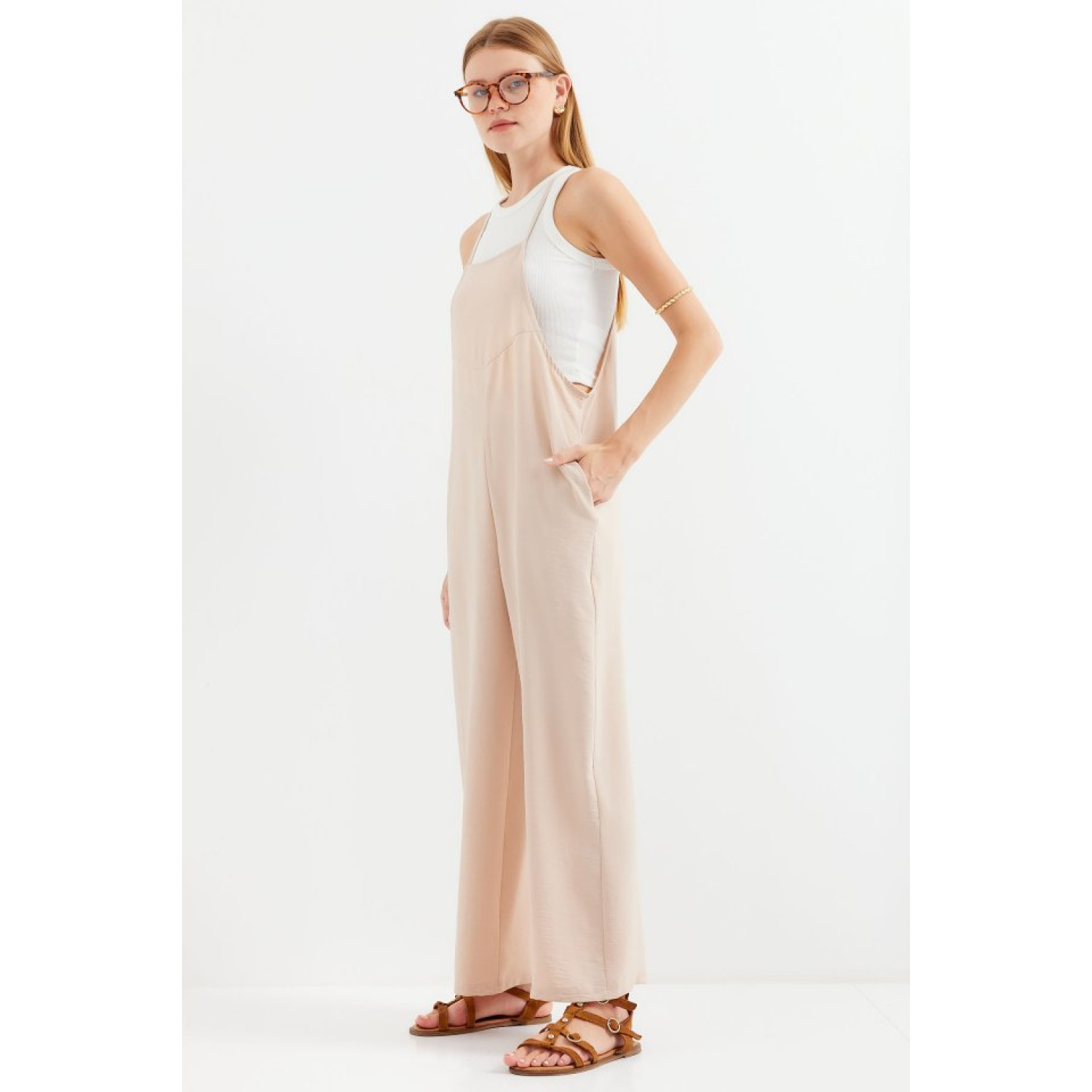 Lucky Life Kadın  Askılı Bahçivan Tulum - Krem