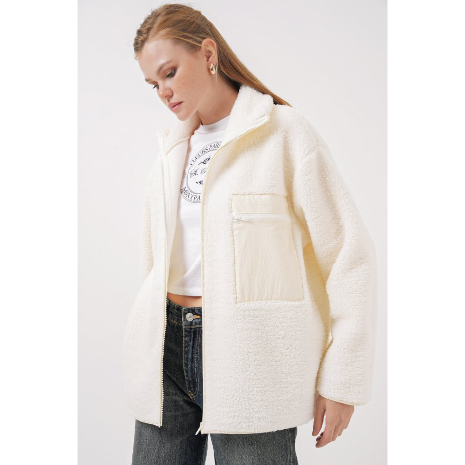 Lucky Life Kadın Fermuarlı Oversize Peluş Mont - Bej