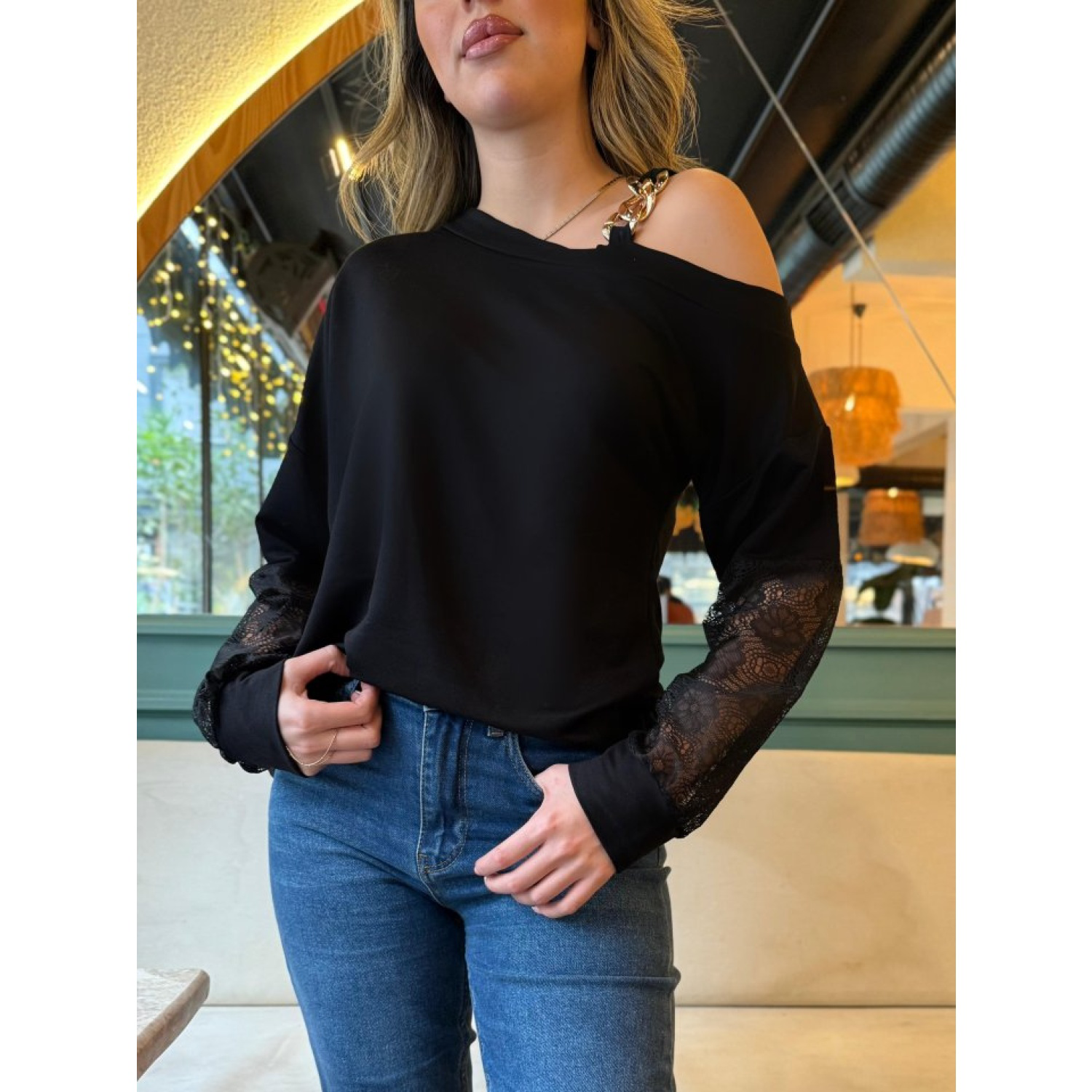 Lucky Life Kadın Uzun Kollu Tek Omuzu Açık Askılı Toka Ve Dantel