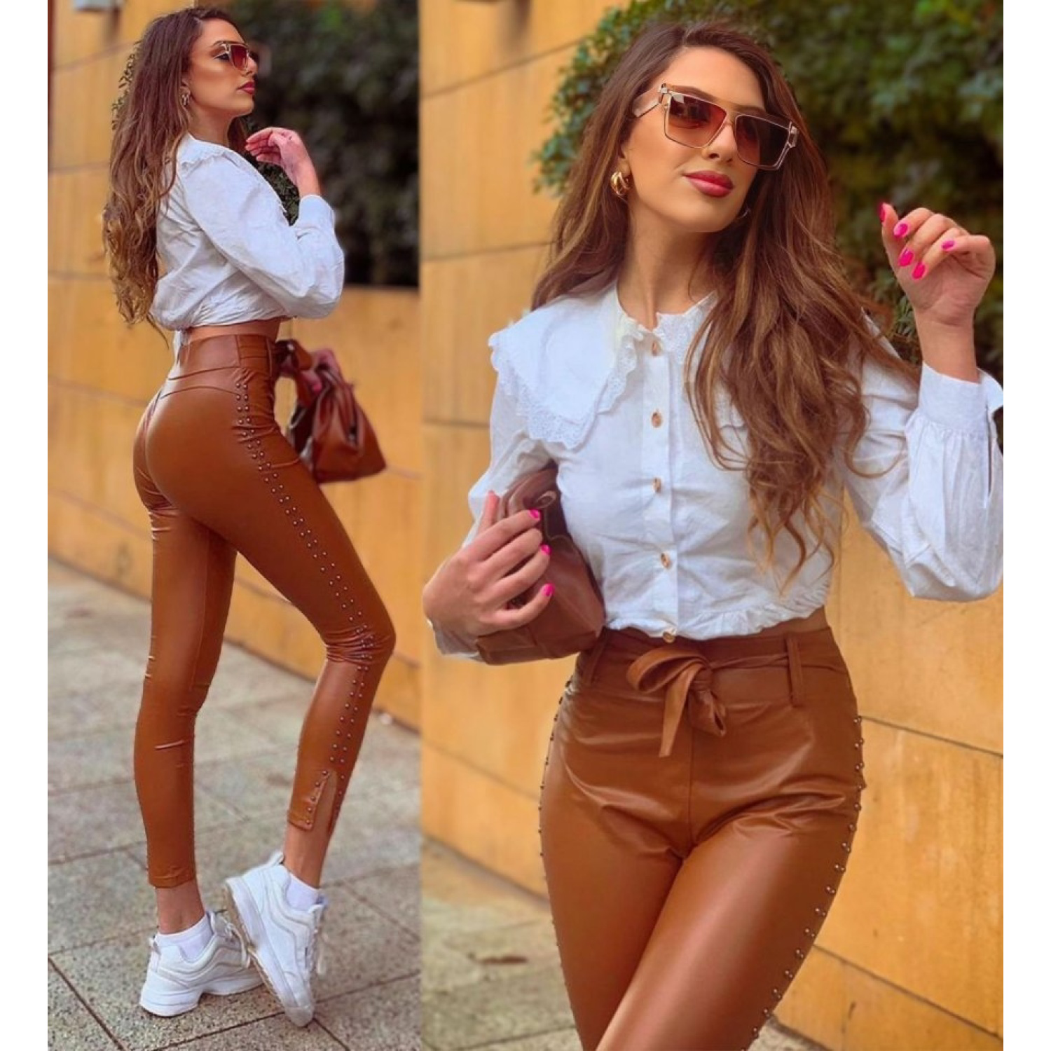 Lucky Life Kadın  Yüksek Bel Yanlardan Incili Yırtmaçlı Uzun Deri