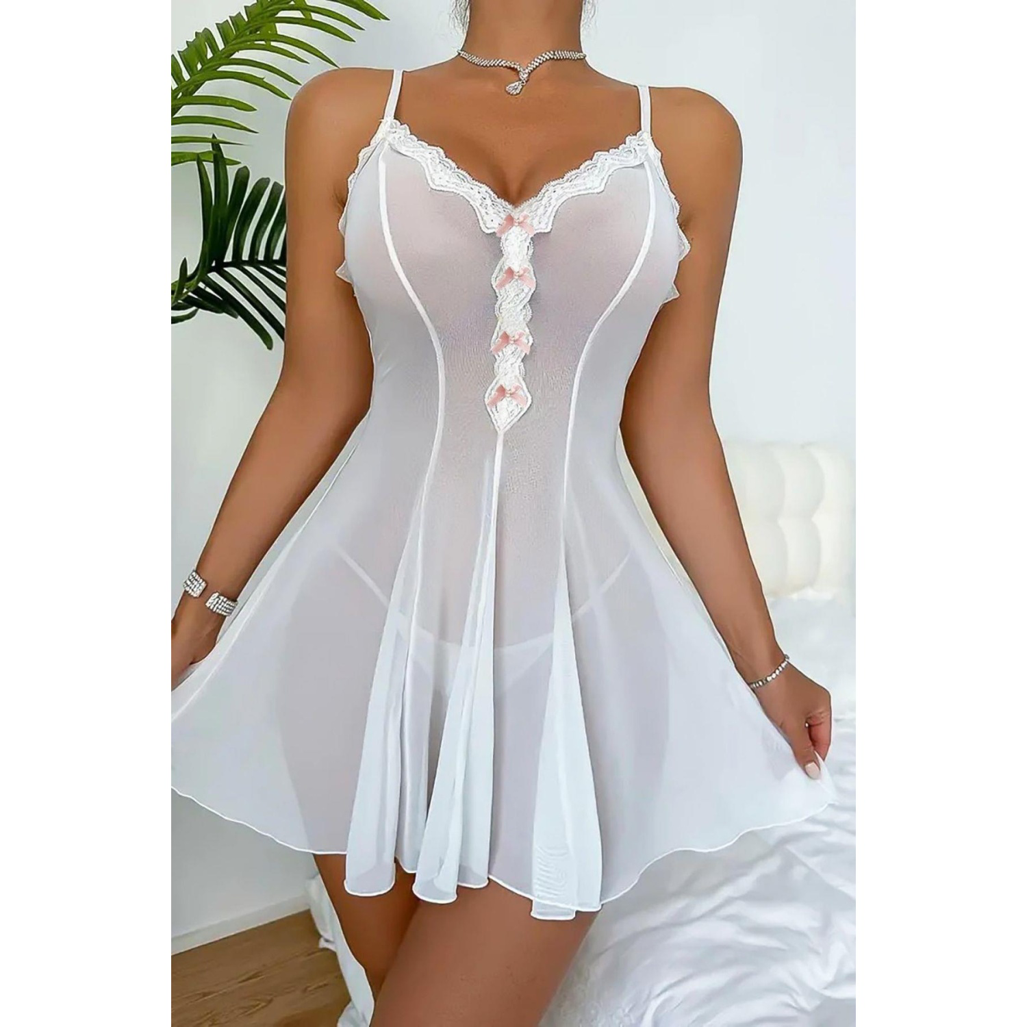 Lucky Life Kadın Beyaz Fiyonk Detaylı Transparan Gecelik Lucky Life Kadın Beyaz Fiyonk Detaylı Transparan Gecelik