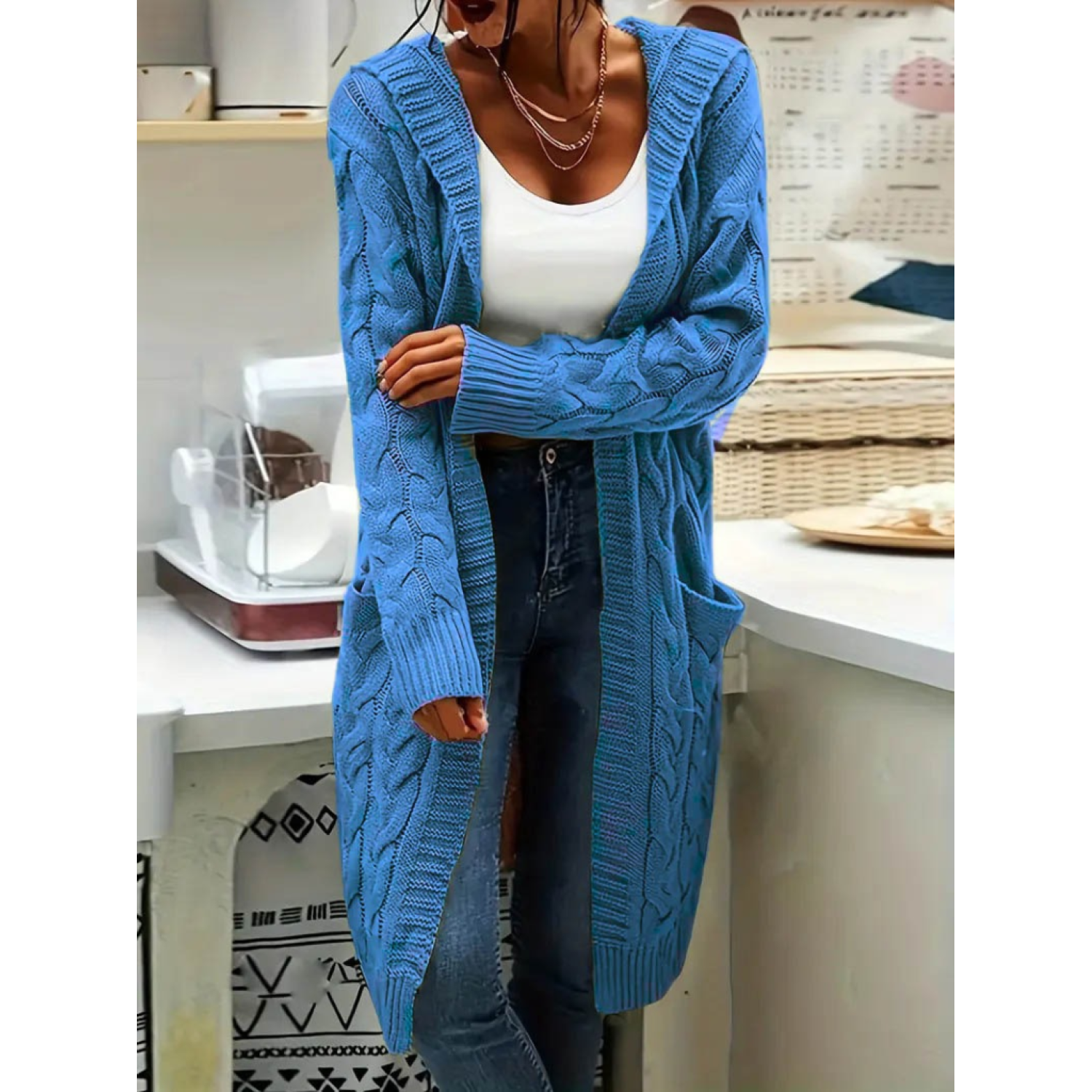 Lucky Life Kadın Uzun Kollu Kapşonlu önü Açık Cepli Midi Hırka