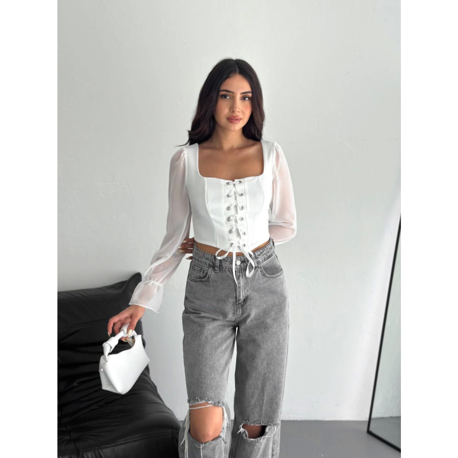 Lucky Life Kadın Sırt Dekolteli Bağacıklı Uzun Kollu Bluz - Beyaz